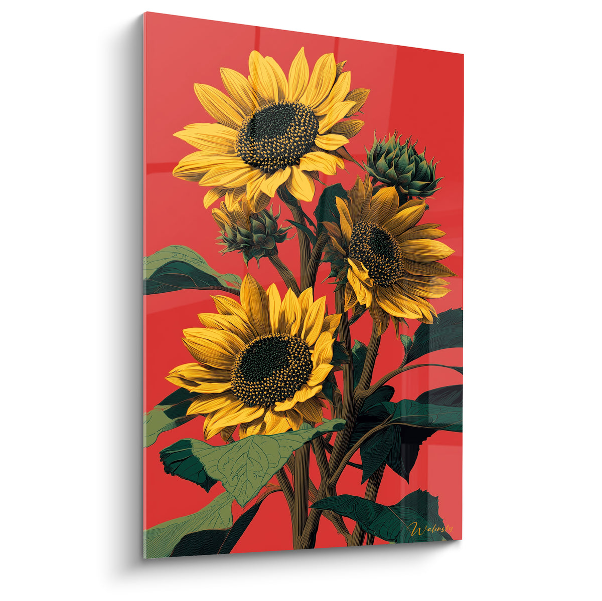 Bouquet de tournesols jaunes aux cœurs bruns sur fond rouge intense, tiges et feuilles vertes visibles
