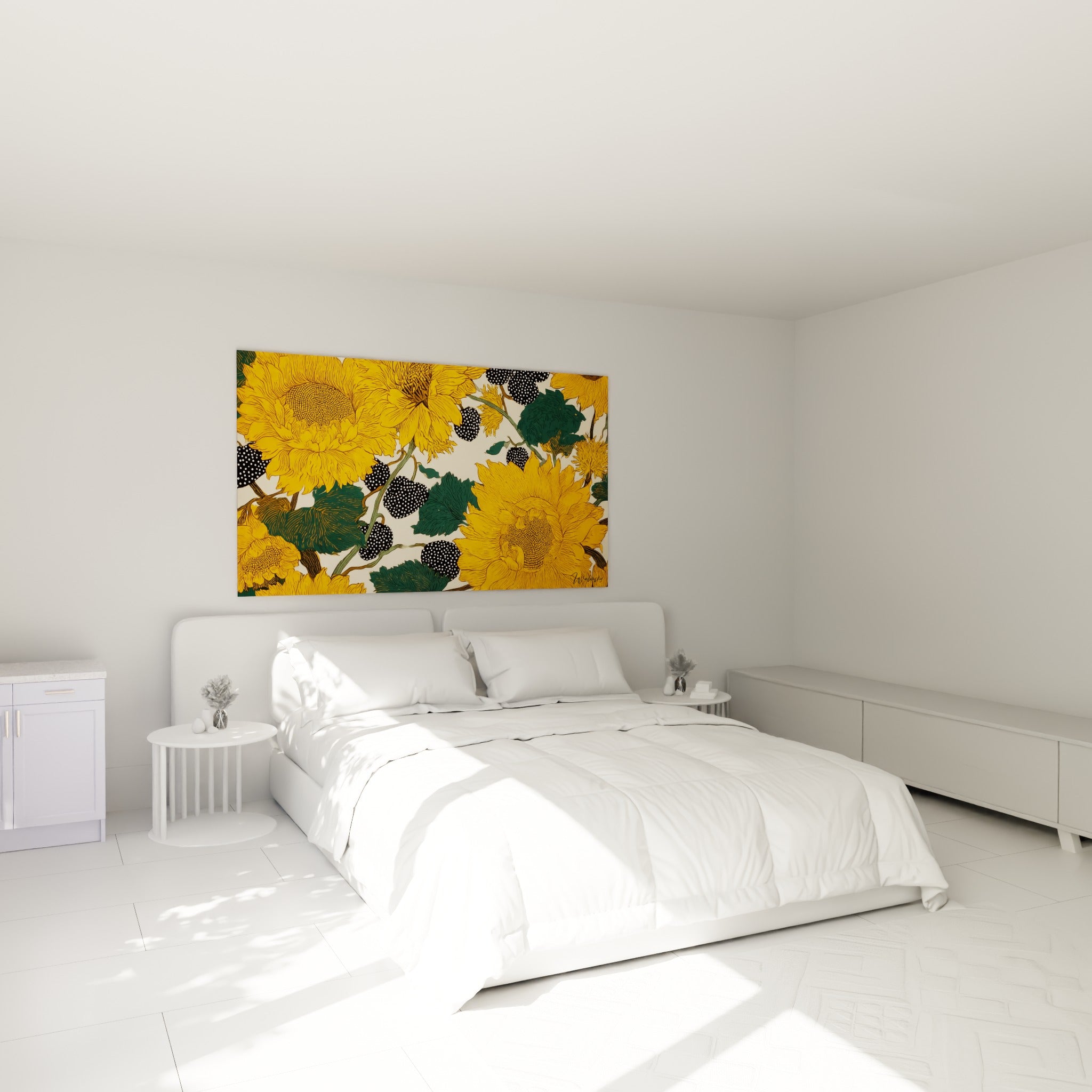 Fleurs de tournesol jaune moutarde et baies pointillées noir et blanc au-dessus d'un lit dans une chambre claire