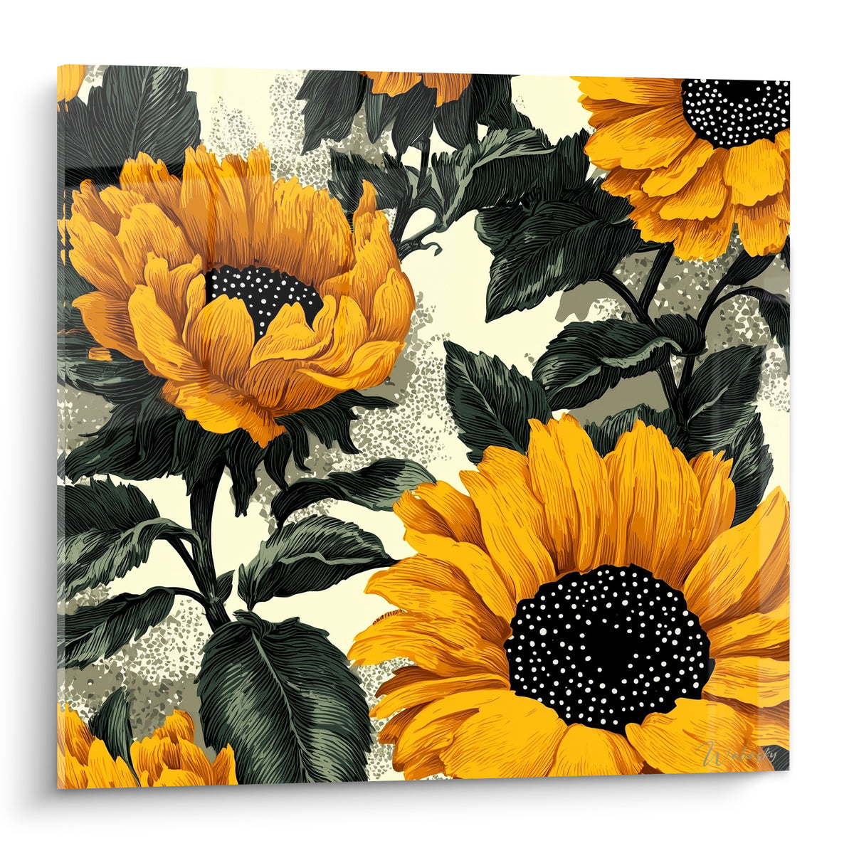 Tournesols jaune orangé aux cœurs noirs pointillés sur fond crème moucheté texturé