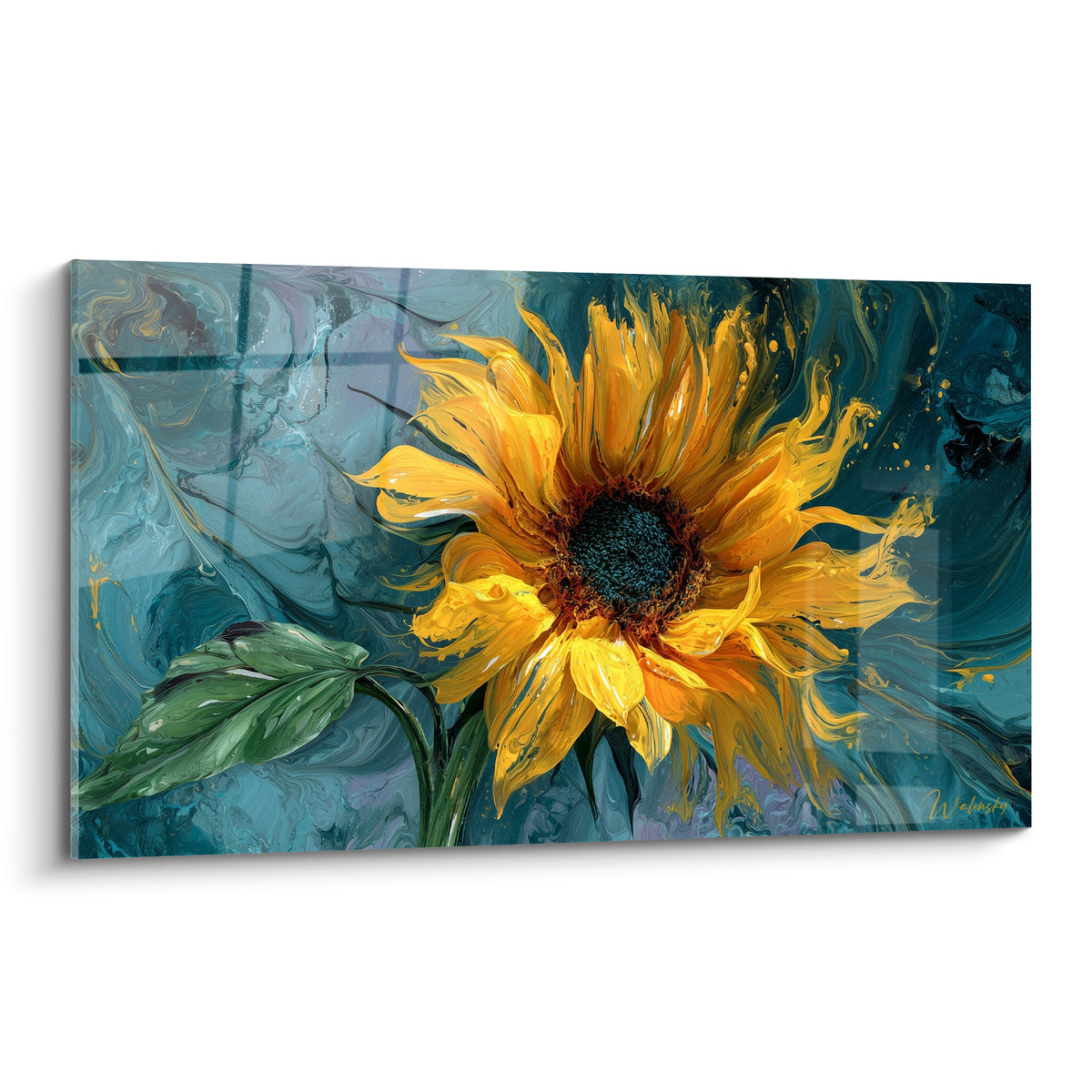 Tournesol jaune aux pétales tourbillonnants et cœur brun sur fond bleu-vert marbré