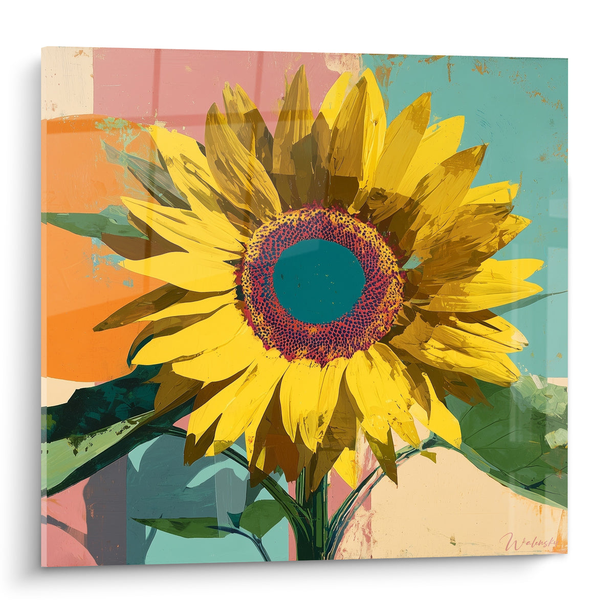 Tournesol jaune éclatant au cœur turquoise sur fond graphique orange et corail