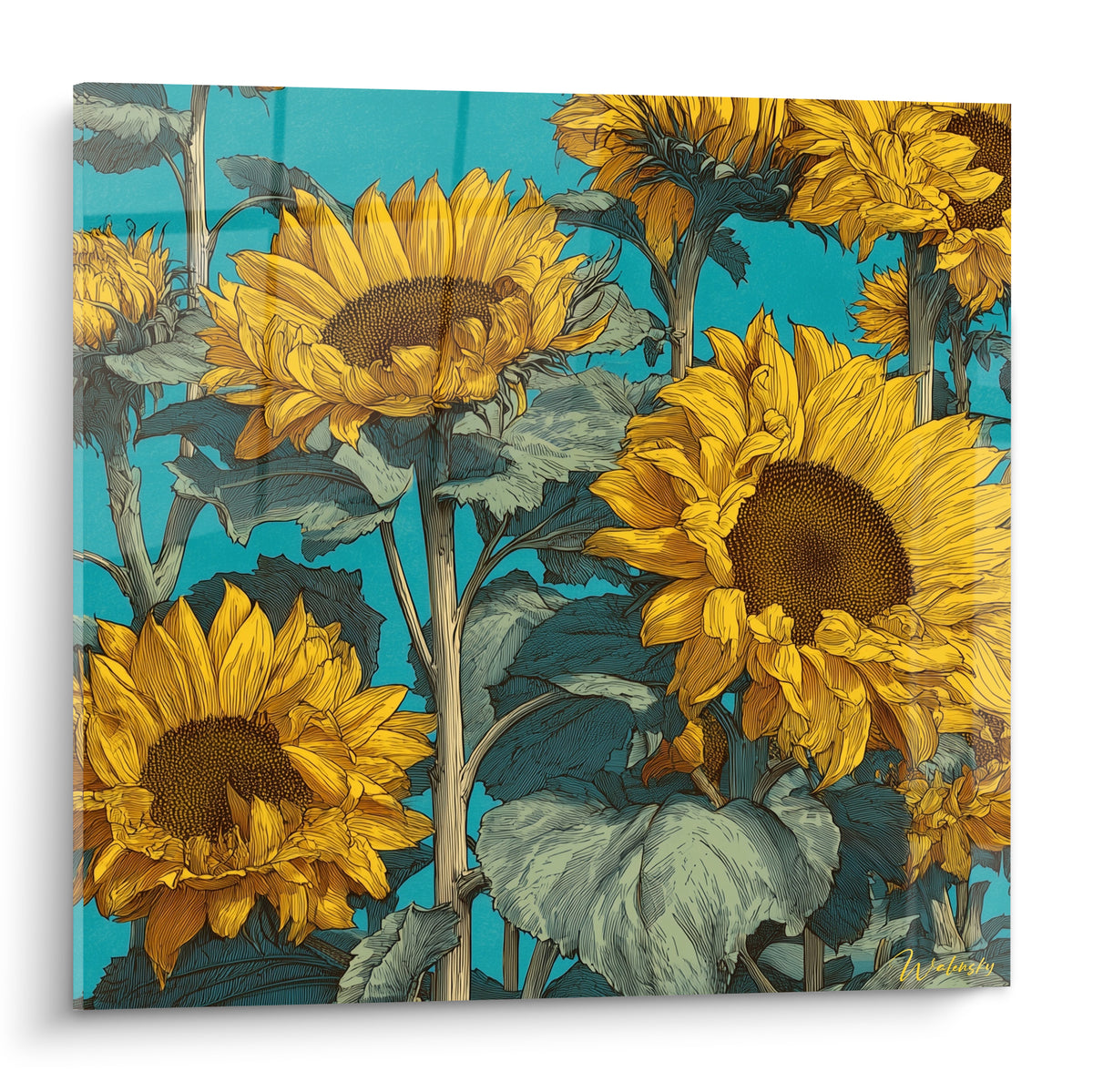 Tournesol jaune doré et fond turquoise, illustration florale au trait fin détaillé