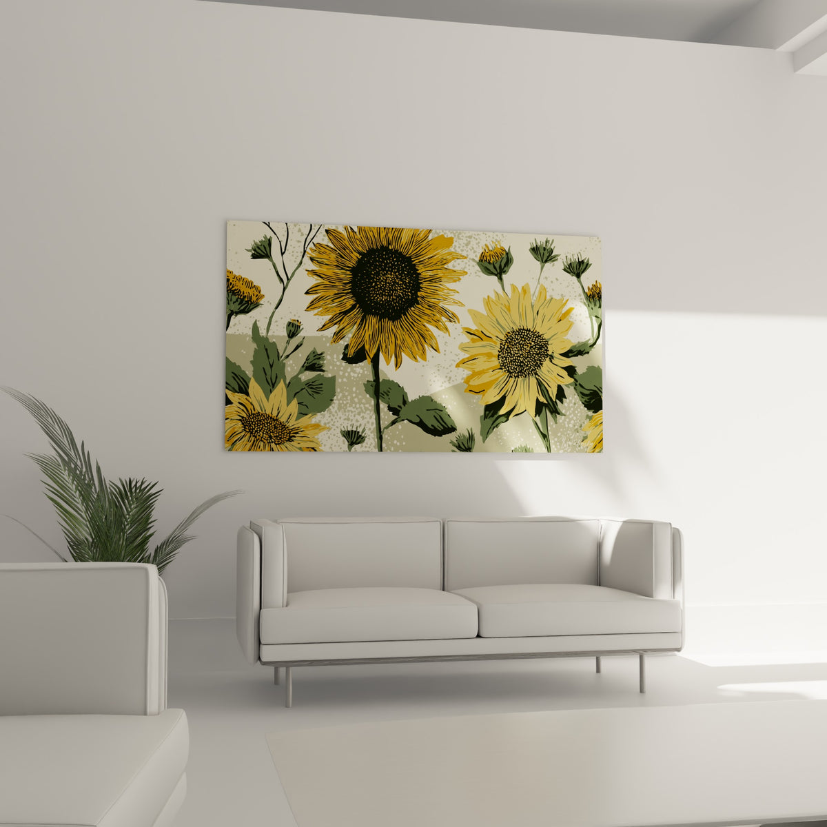 Corolles de tournesol jaune moutarde et feuilles vert sauge dessinées, au-dessus d'un canapé dans un salon lumineux