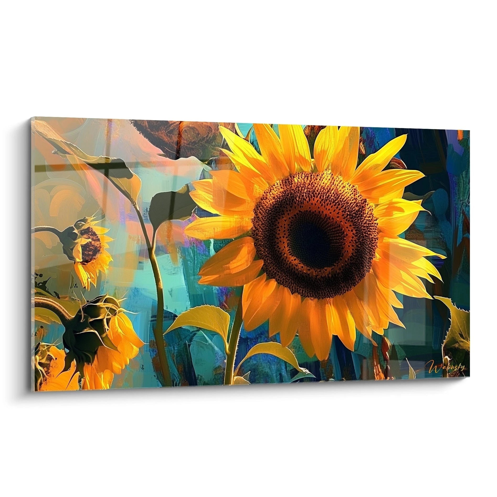 Un tableau tournesol nature représentant plusieurs tournesols aux pétales jaunes et orange, avec un fond bleu texturé et des tiges vertes, utilisant des effets de superposition et de contrastes.