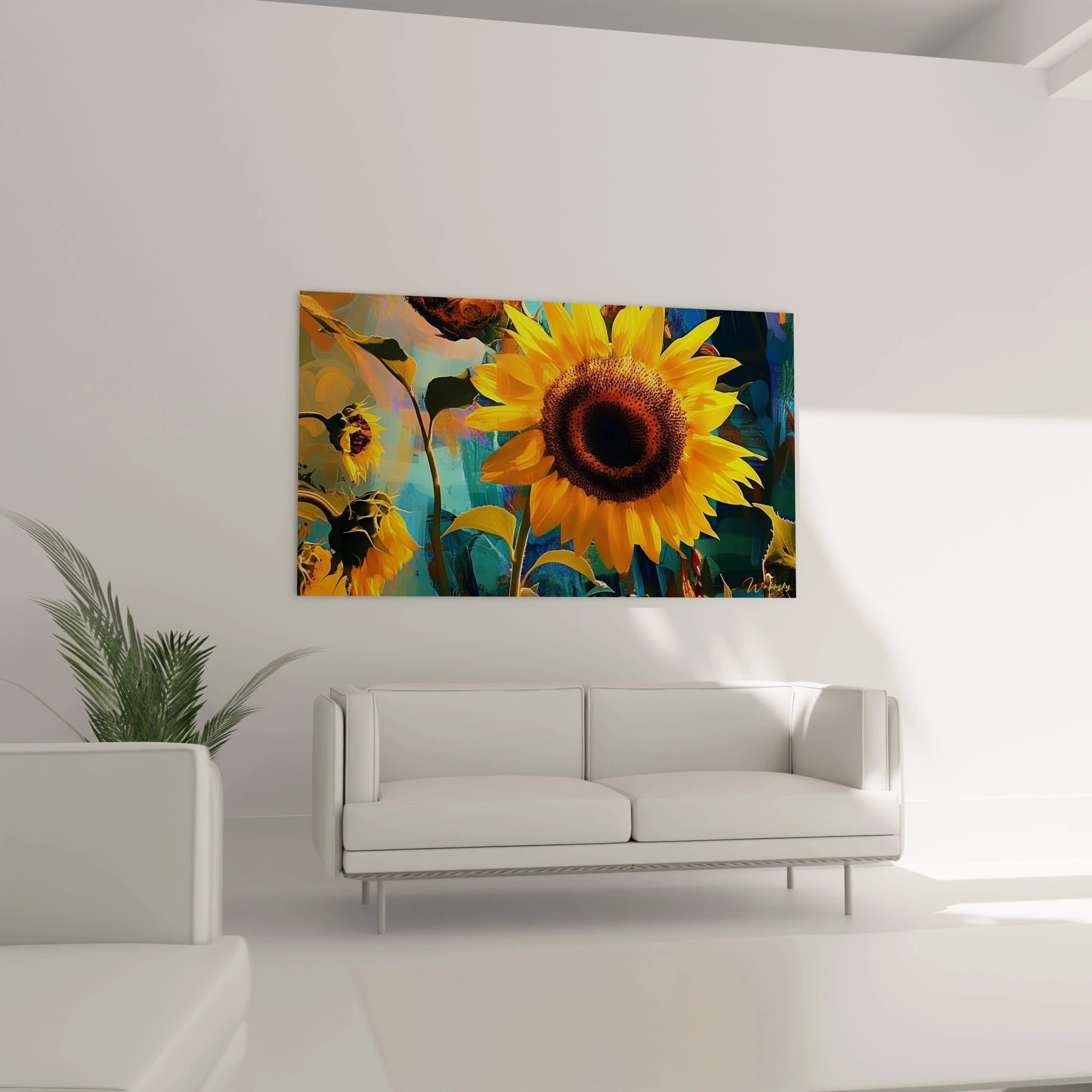 Un tableau tournesol nature illustrant un gros plan de tournesols avec un cĆur brun texturĂ©, des pĂ©tales lumineux et un fond aux teintes bleues nuancĂ©es, jouant sur les contrastes et la profondeur.