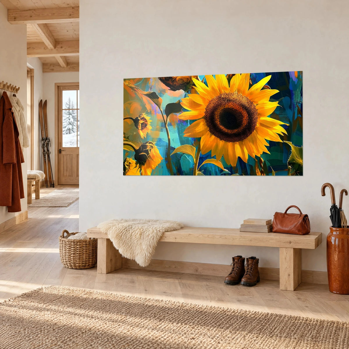 Tableau fleur de soleil géante, pétales safran et disque brun granuleux sur fond bleu et orange, au-dessus d'un banc en chalet