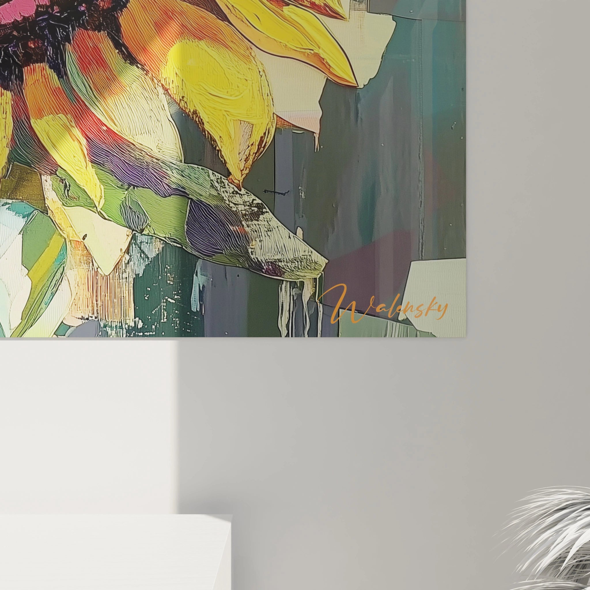 Un tableau tournesol nature montrant plusieurs tournesols aux pétales jaunes et centres bruns, avec un fond dynamique multicolore. Textures épaisses et contrastes marqués entre lumiÚre et ombre.