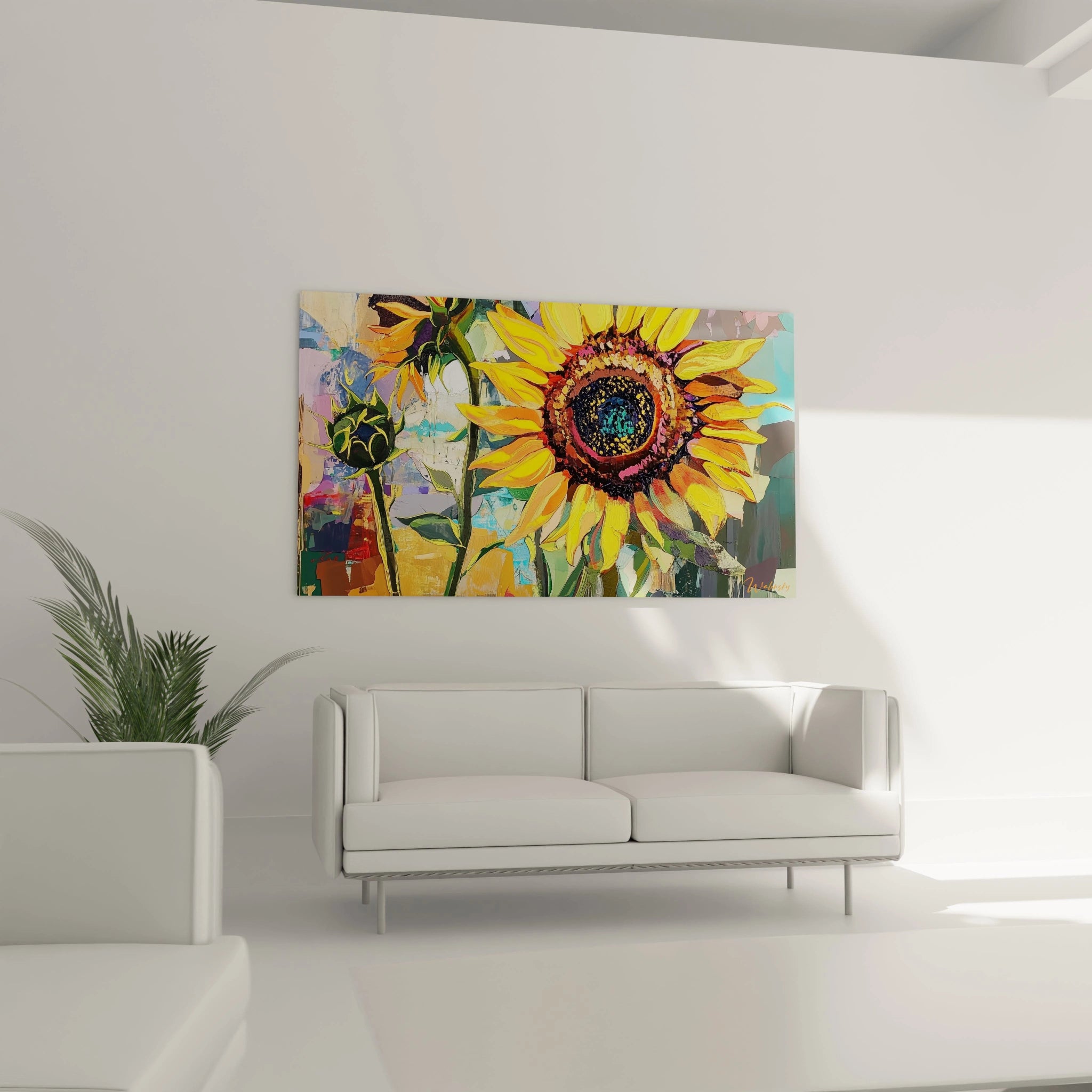 Un tableau tournesol nature mettant en avant un tournesol détaillé, aux teintes dorées et orangées, sur un fond coloré. Coupes de pinceau visibles et empùtements marqués sur les zones en relief.