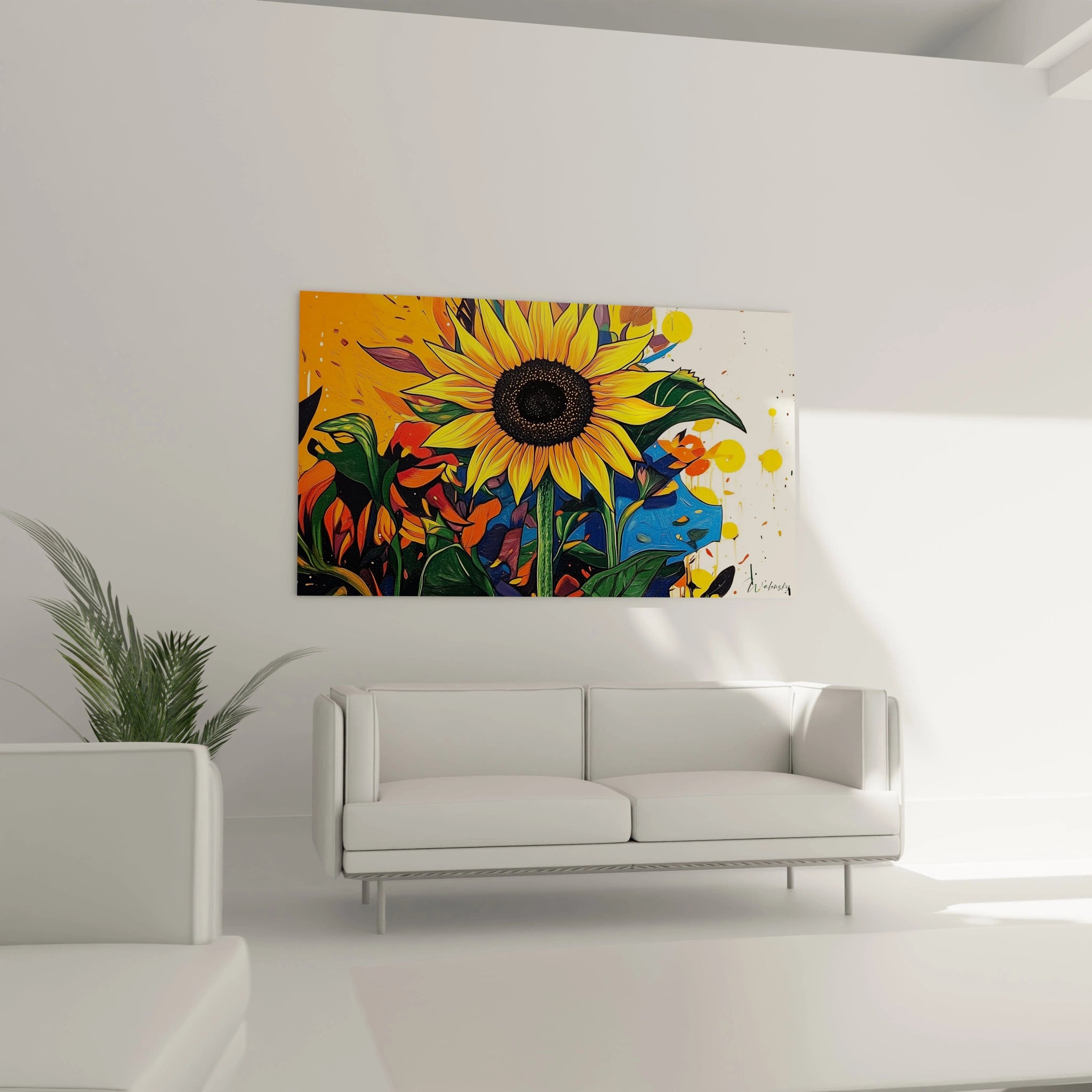 Un tableau tournesol nature affichant une composition florale, où un tournesol lumineux contraste avec un arrière-plan abstrait en orange et bleu. Des textures en relief accentuent les détails des pétales.