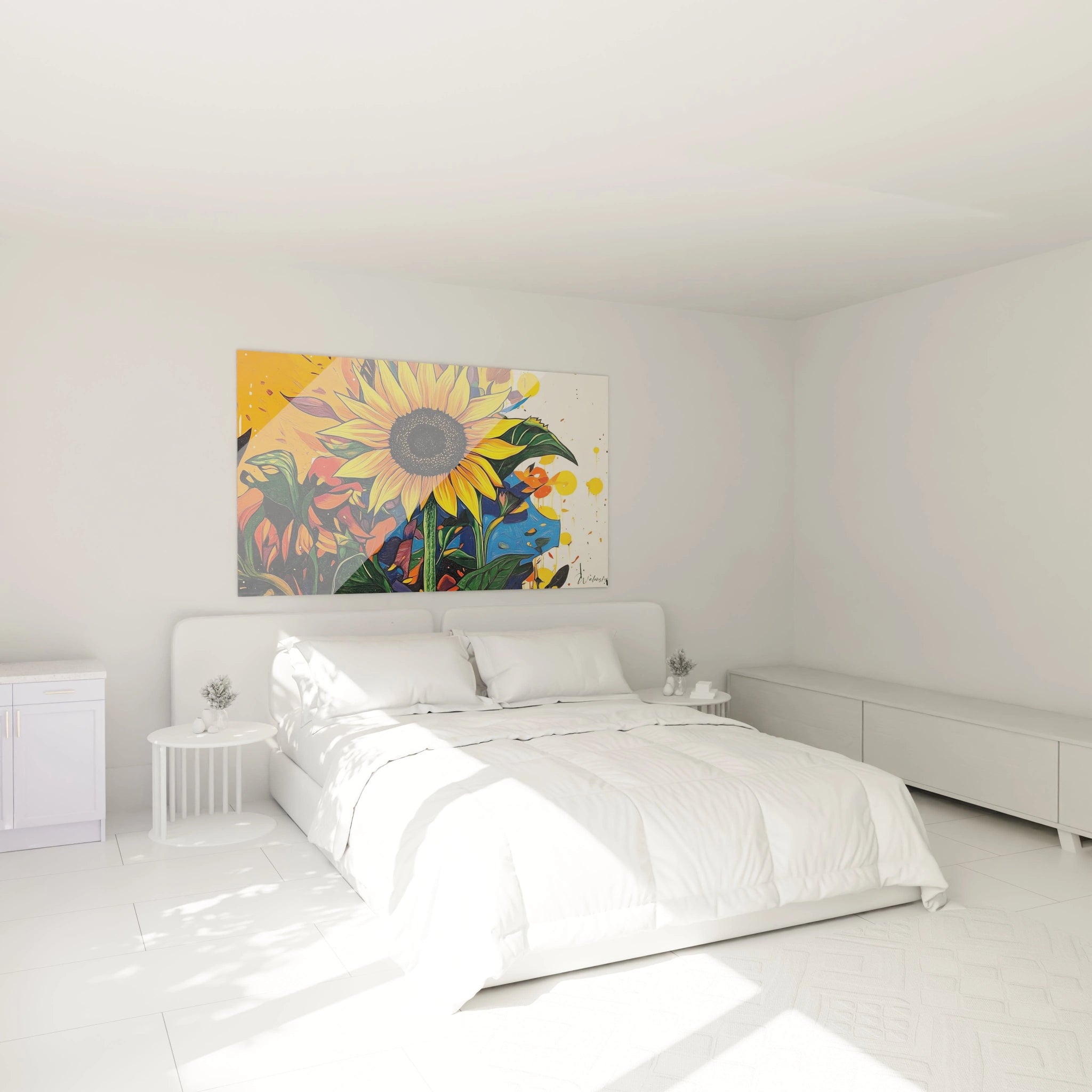 Un tableau tournesol nature mettant en scène un tournesol détaillé, avec un cœur noir texturé et des feuilles dynamiques. Des éclaboussures de peinture ornent le fond aux teintes bleu, orange et blanc.