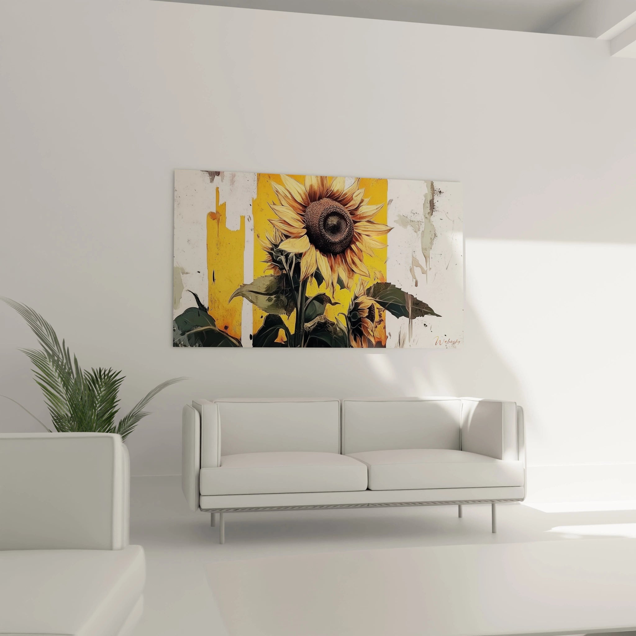 Un tableau tournesol nature illustrant un tournesol en gros plan avec des pétales déployés, une tige et des feuilles vert foncé, sur un arrière-plan irrégulier combinant jaune, blanc et touches de gris.