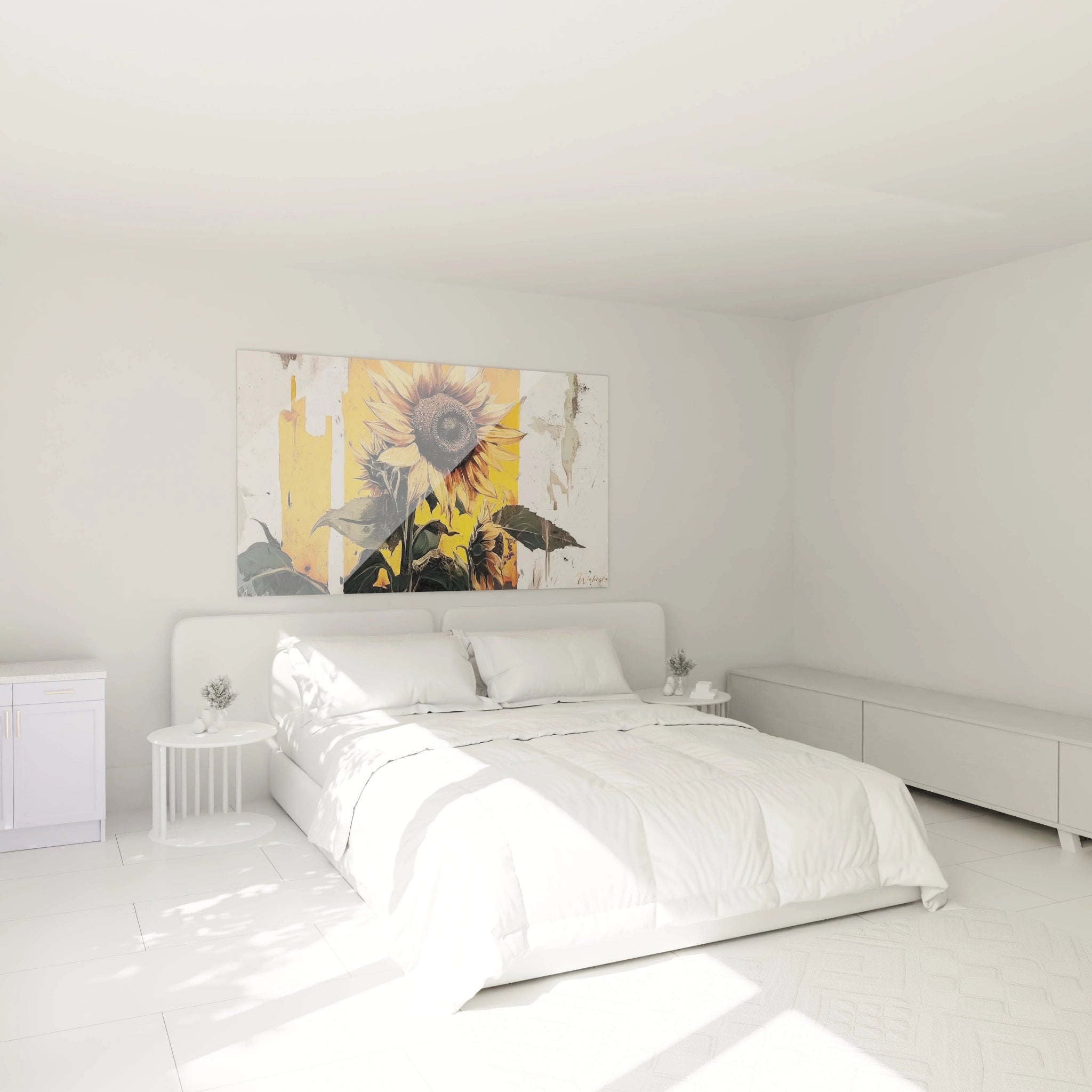 Un tableau tournesol nature mettant en avant un tournesol détaillé aux pétales jaunes et bruns, avec un centre texturé et des feuilles vertes sombres, sur un fond abstrait blanc et jaune à l’aspect vieilli.