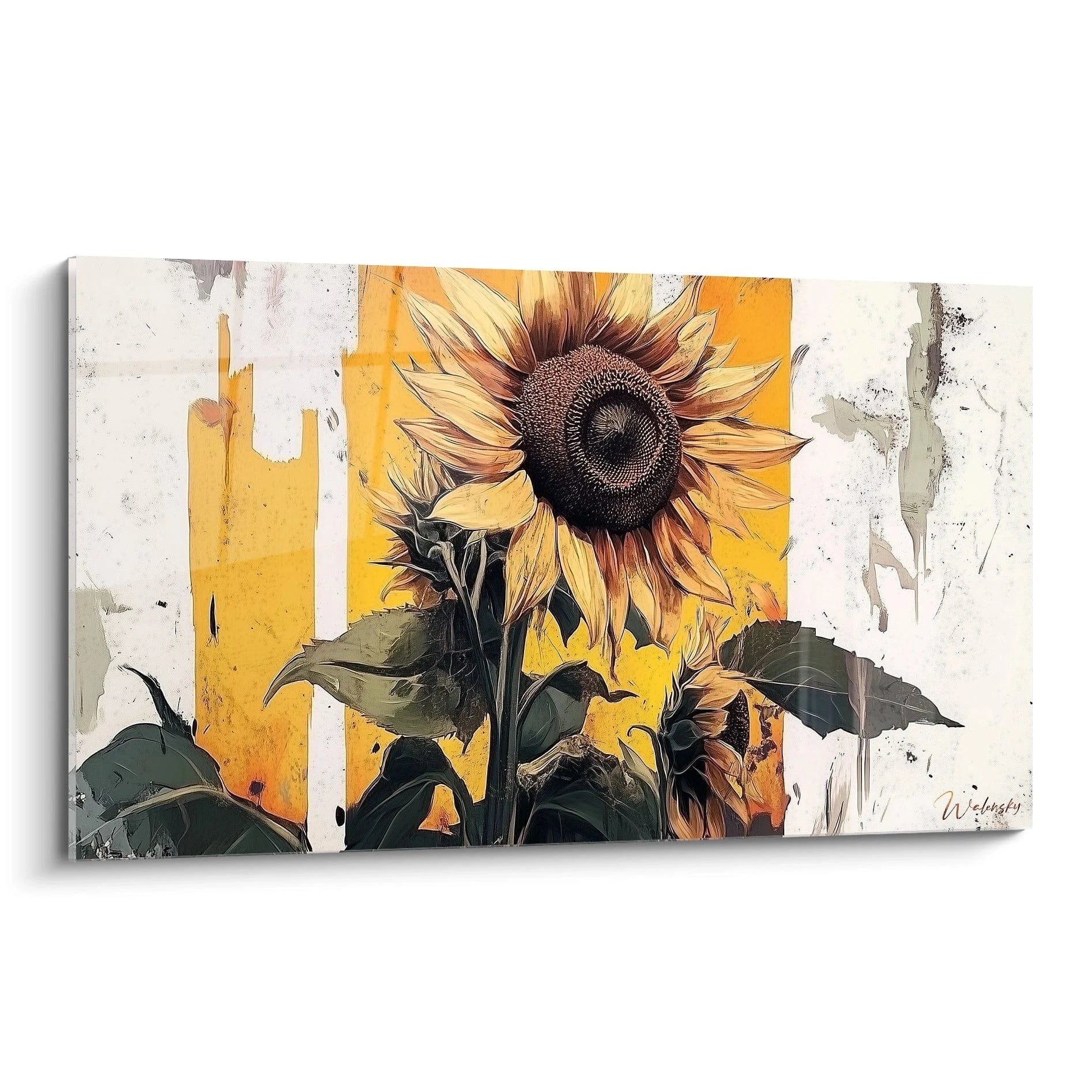 Un tableau tournesol nature représentant un grand tournesol central, entouré de feuilles sombres, sur un fond texturé aux teintes jaunes et blanches, avec des effets de peinture usée et des contrastes marqués.