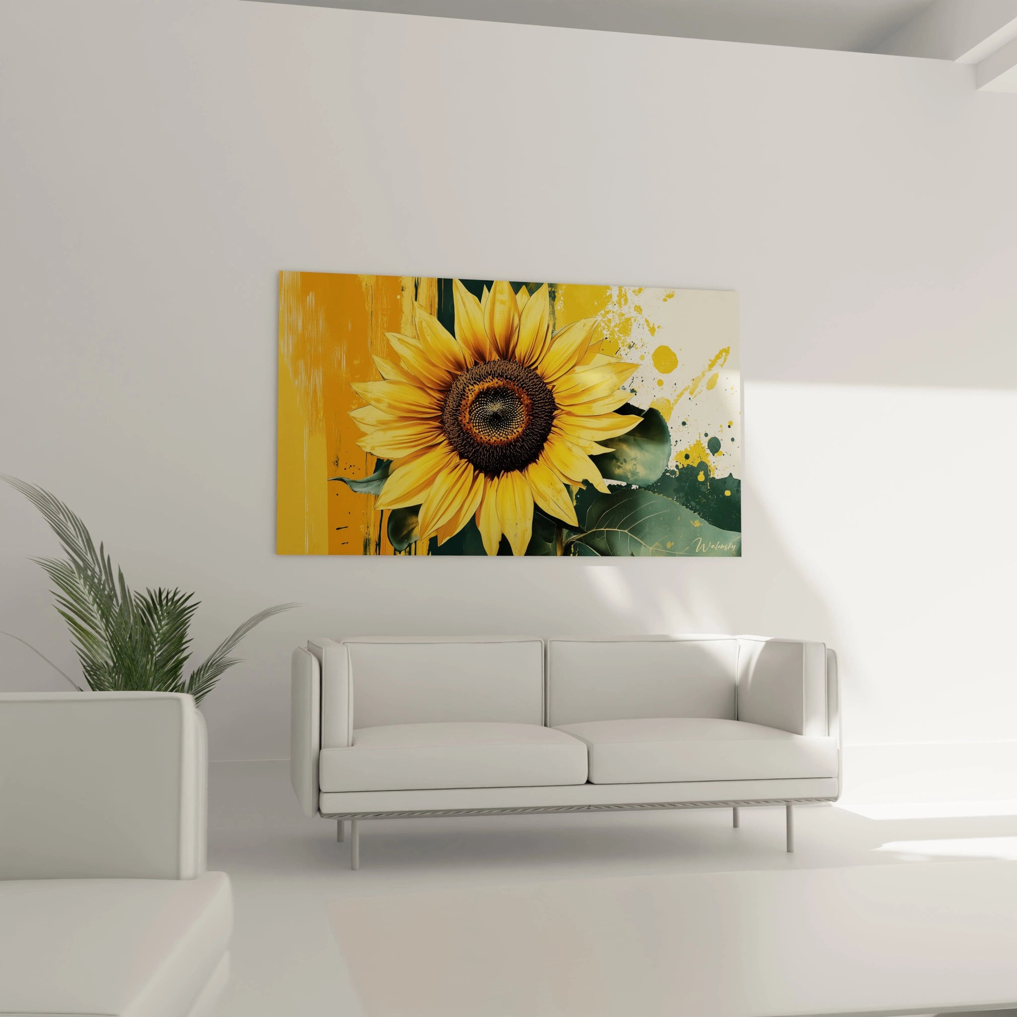 Un tableau tournesol nature représentant un gros plan de la fleur avec un centre brun texturé et des pétales lumineux. L’arrière-plan combine des éclaboussures dorées et vertes sur une base beige texturée.