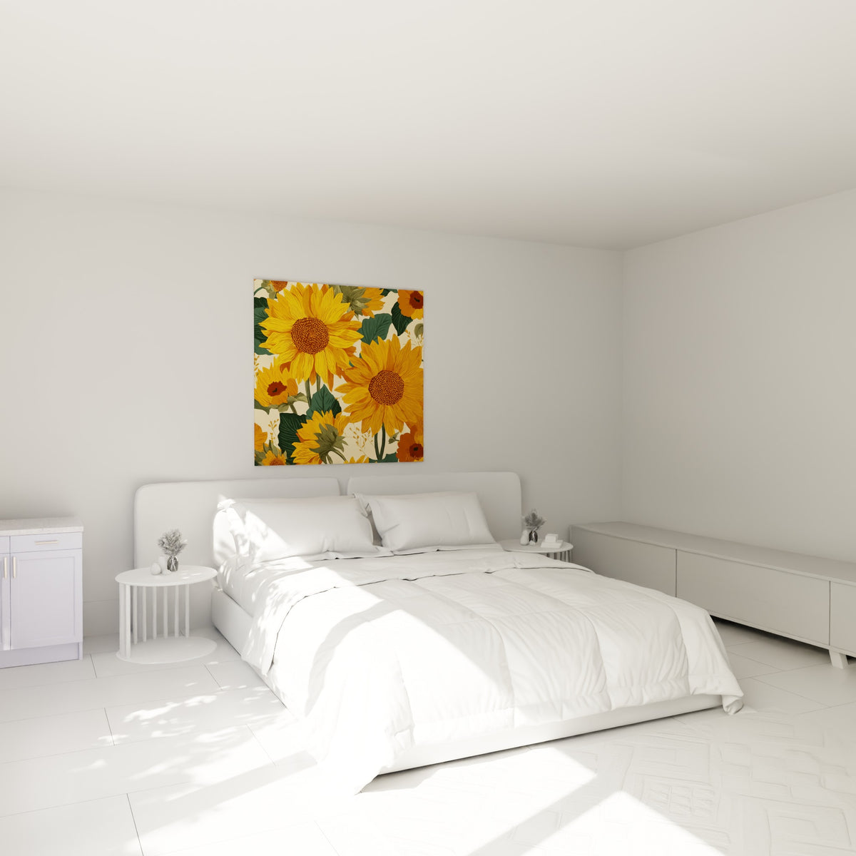 Bouquet de tournesols ocre et vert accroché au-dessus d'un lit dans une chambre claire