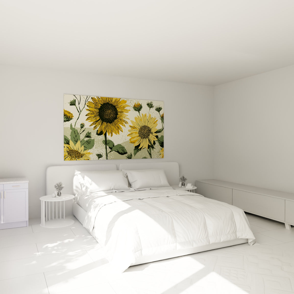 Fleurs de tournesol ocre et vert kaki illustrées, accrochées au-dessus d'un lit dans une chambre claire