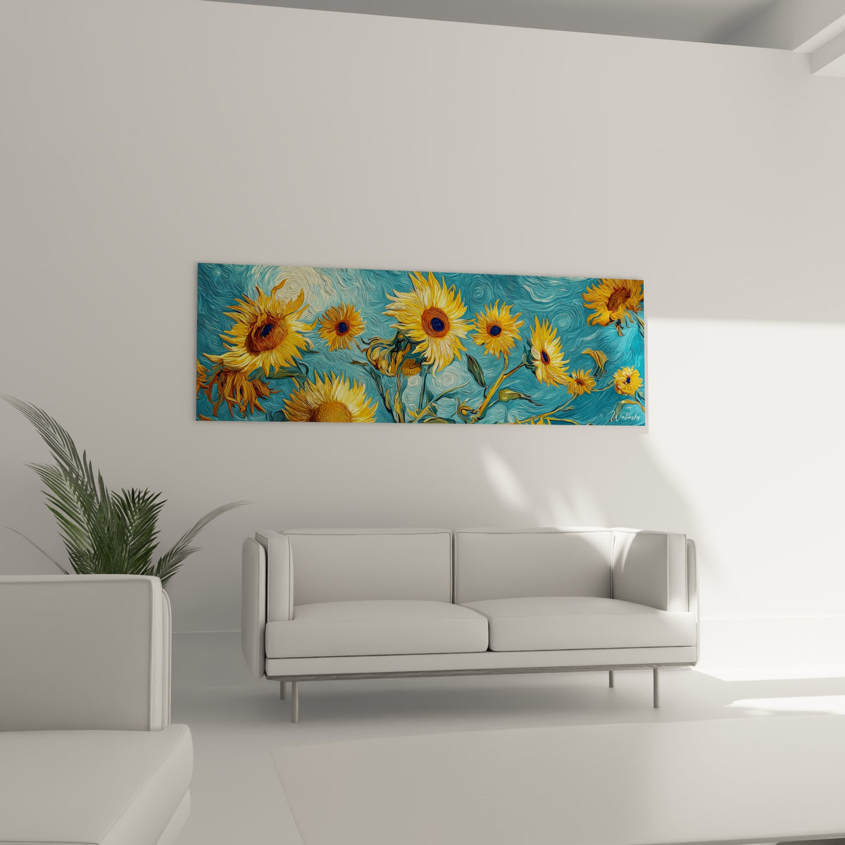 Fleurs de tournesol jaune ocre et pétales dentelés positionnées au-dessus d'un canapé dans un salon lumineux