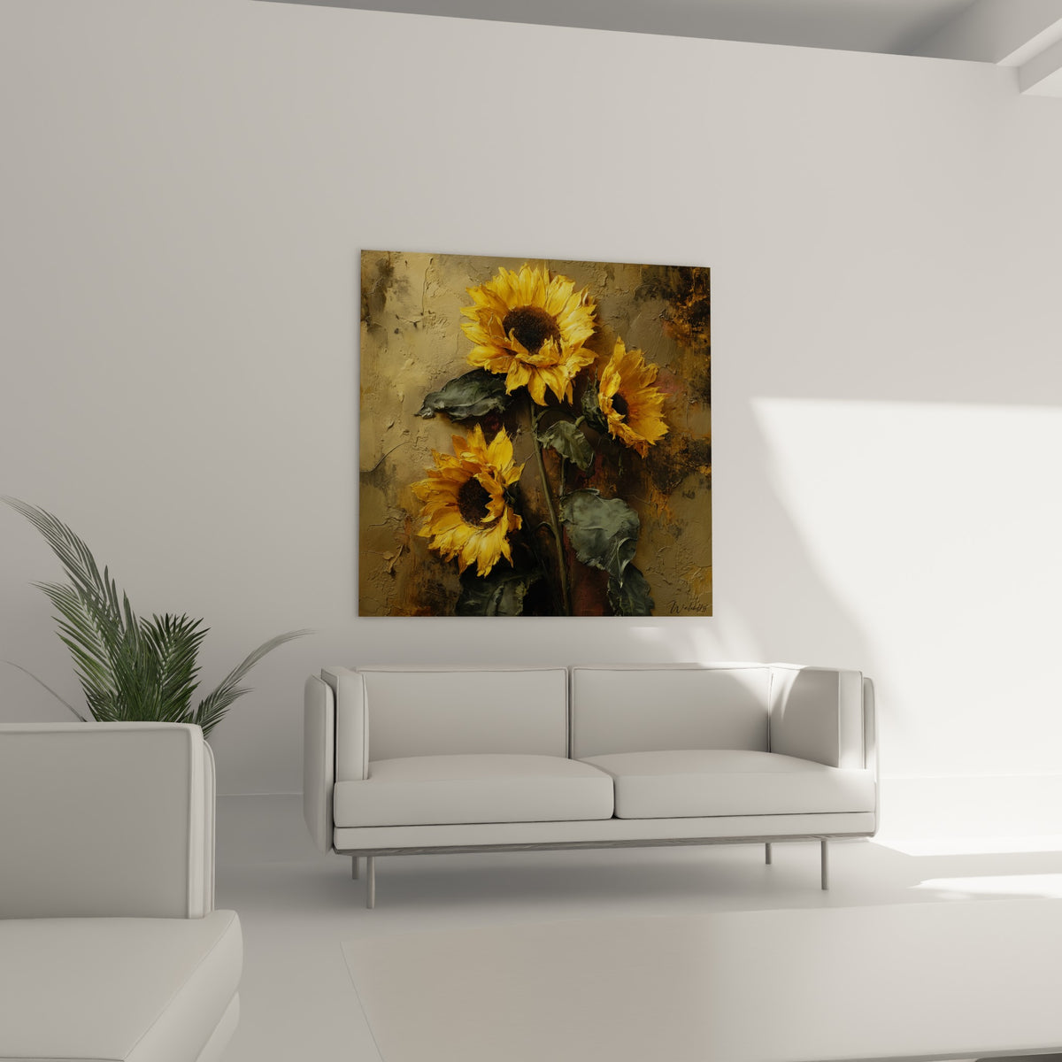 Fleurs de tournesol ocre et brun aux feuilles vert olive, au-dessus d'un canapé dans un salon lumineux