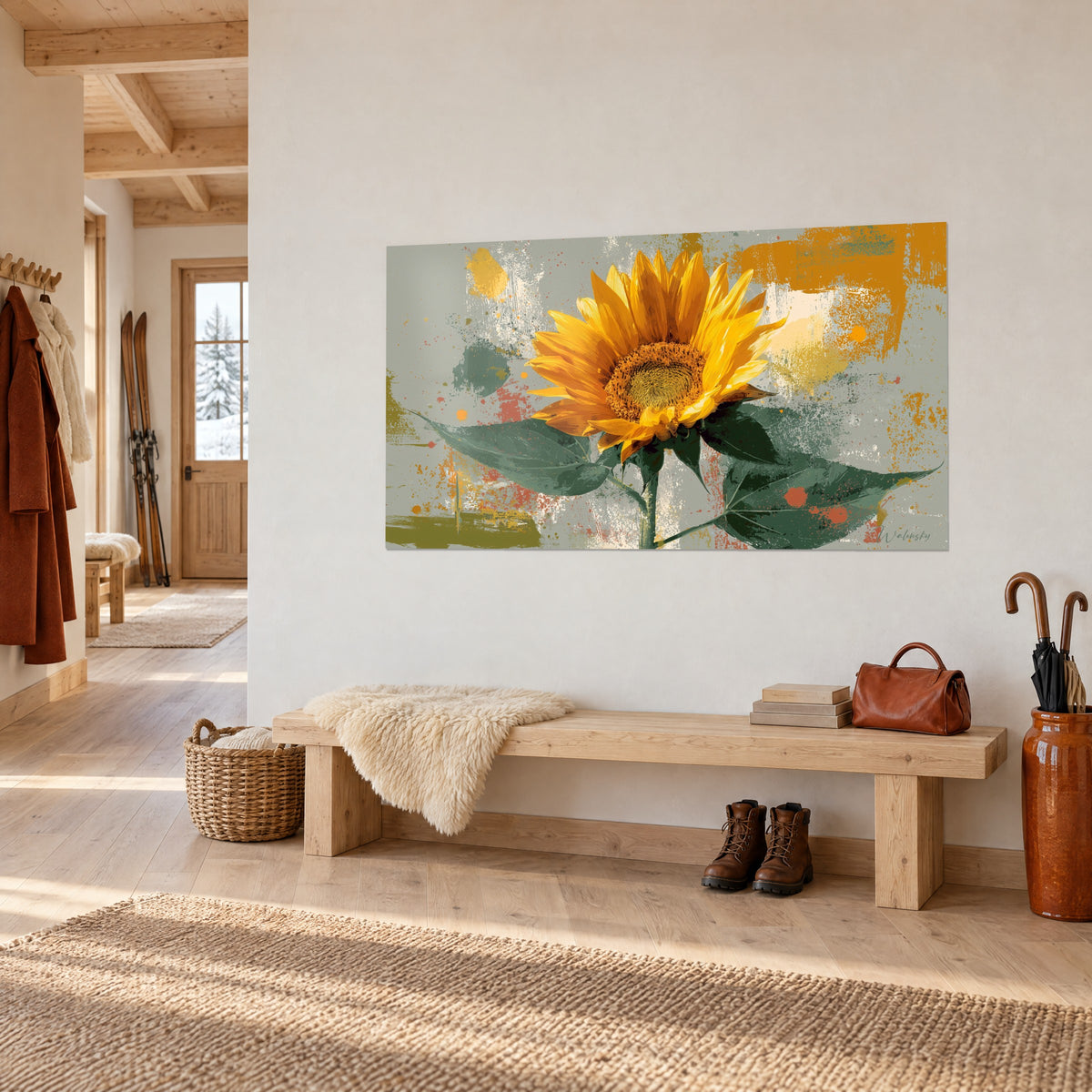 Wall art large amber sunflower on sage-grey background splashed with ochre, hung in the entrance of a wooden chalet
