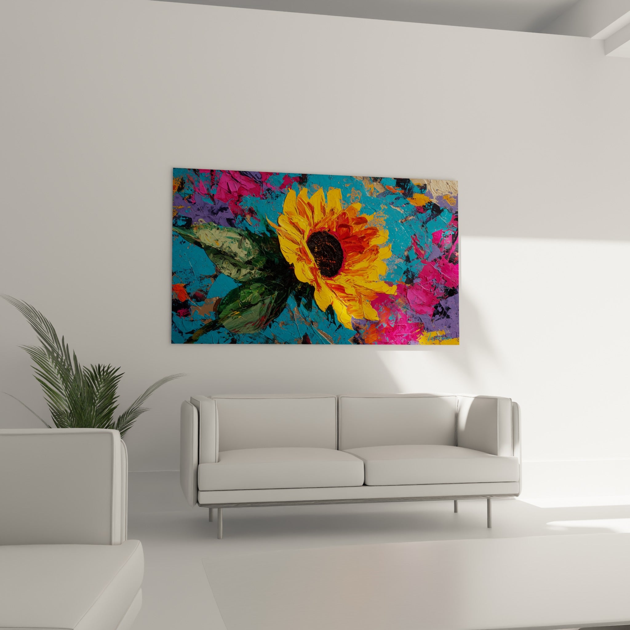 Pétales orangés et fond rose fuchsia du tournesol accrochés au-dessus d'un canapé dans un salon lumineux