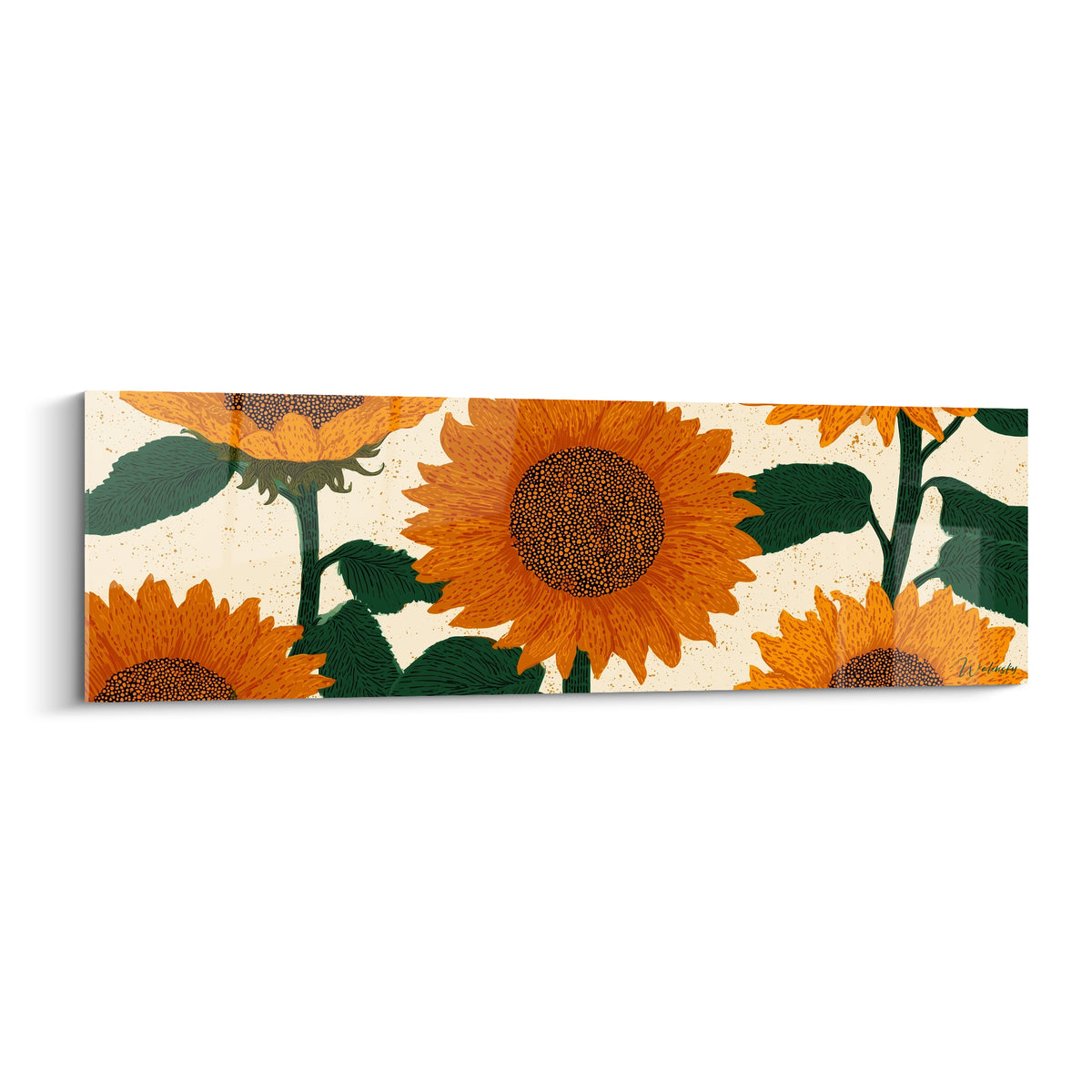Tournesols orange aux cœurs bruns texturés et feuilles vert foncé sur fond ivoire moucheté