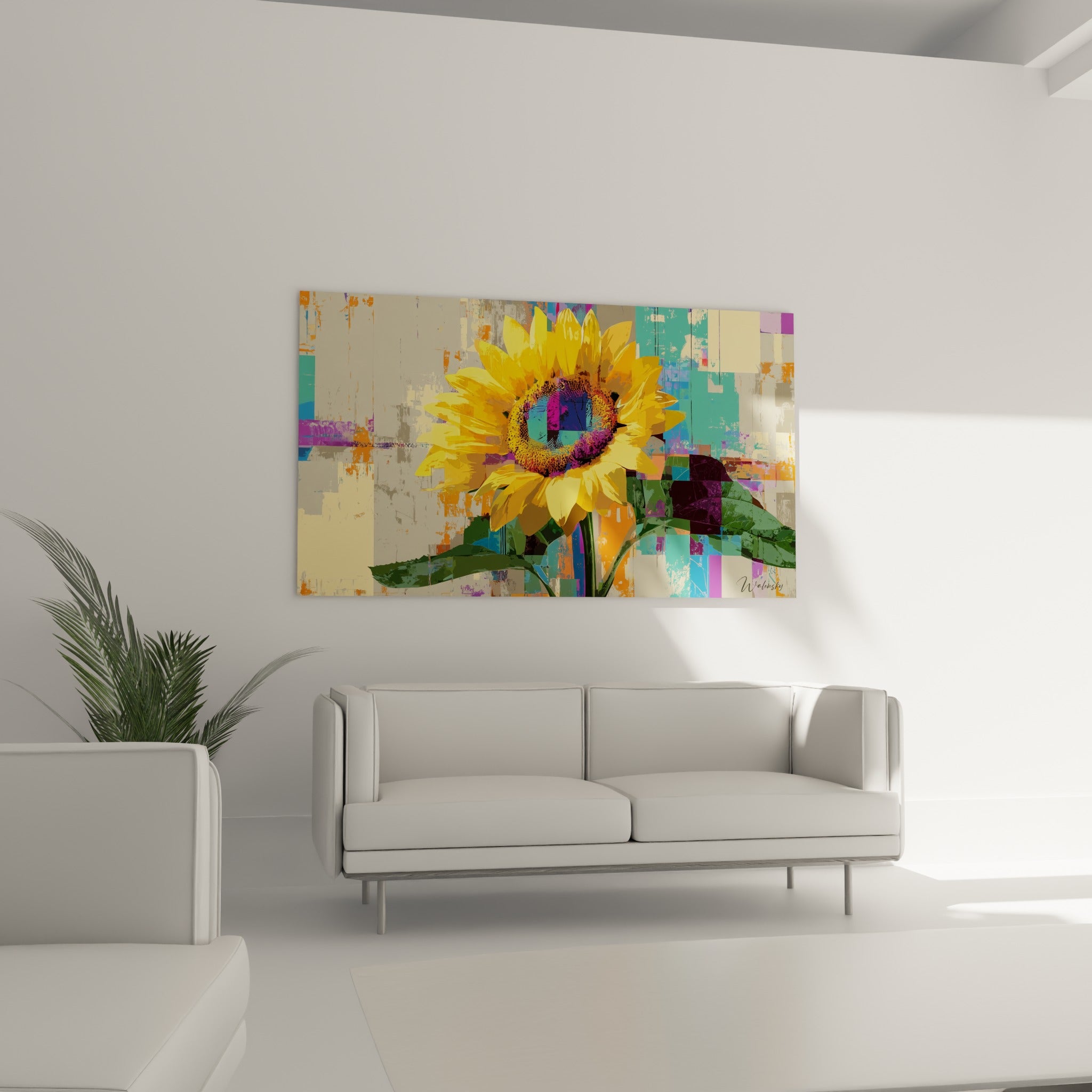 Fleur de tournesol orangée et fond mosaïque turquoise placée au-dessus d'un canapé dans un salon lumineux