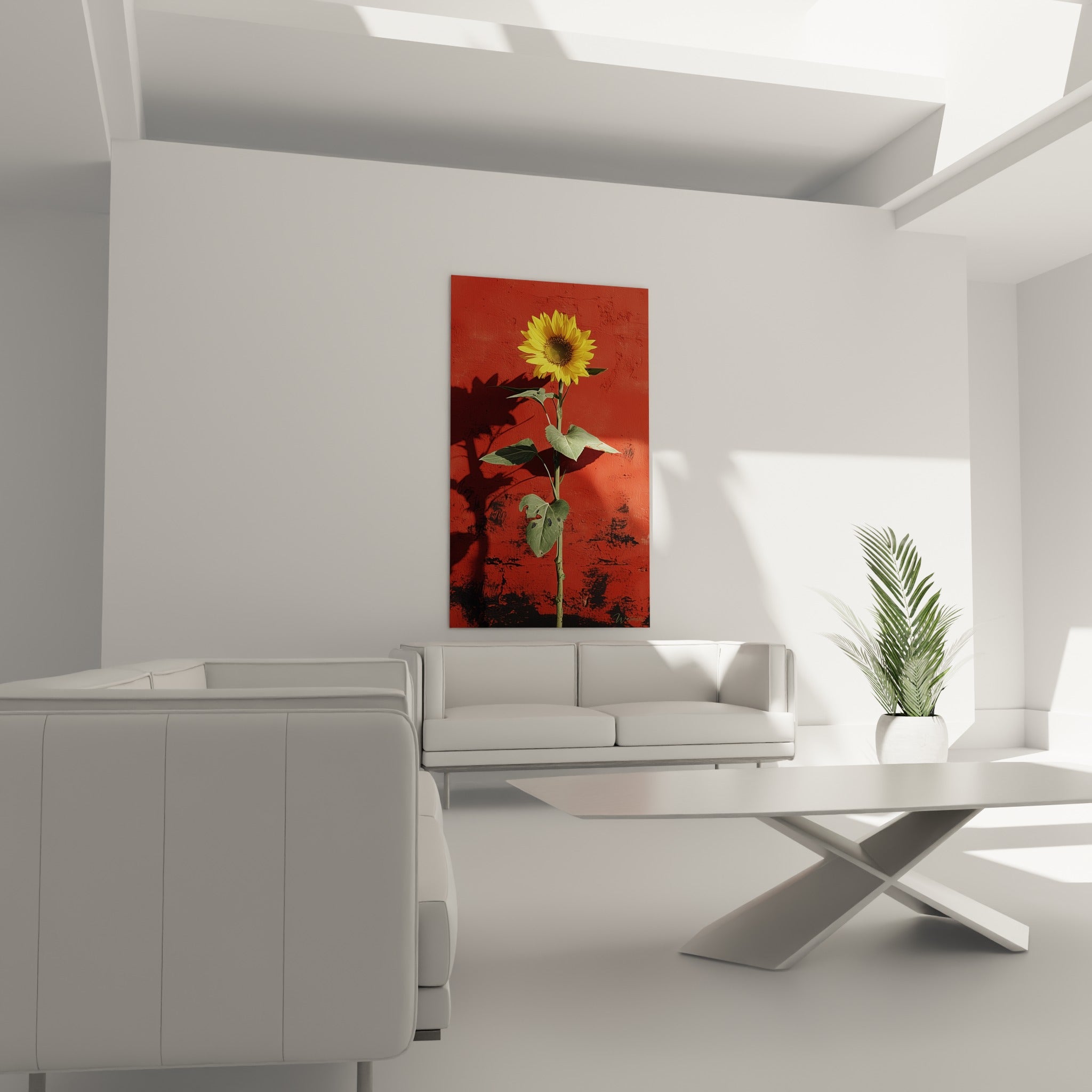 Pétales dorés du Tournesol contrastant avec un fond rouge brique patiné, au-dessus d'un canapé dans un salon lumineux