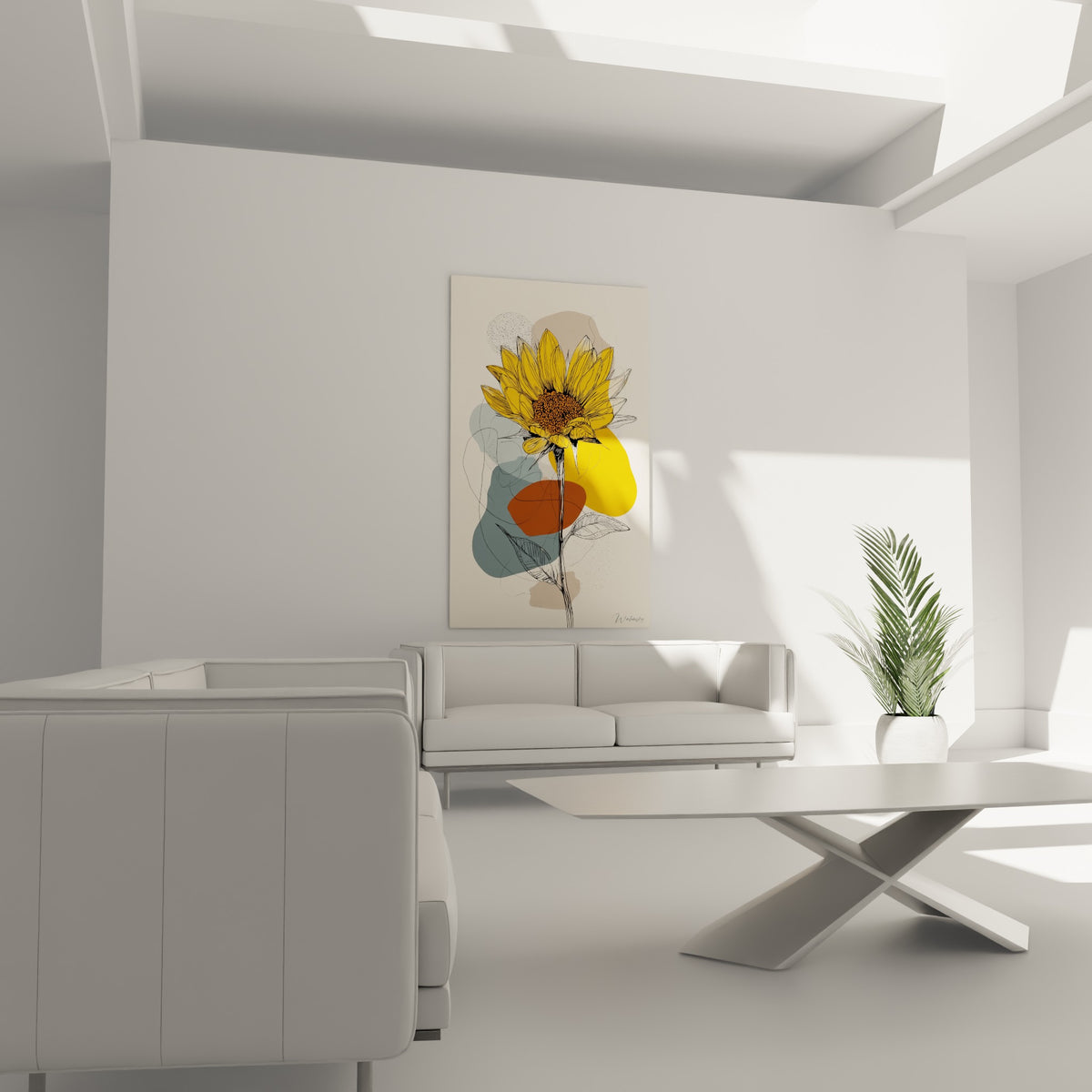 Pétales jaunes du tournesol se déployant sur taches bleu pastel, suspendus au-dessus d'un canapé dans un salon lumineux