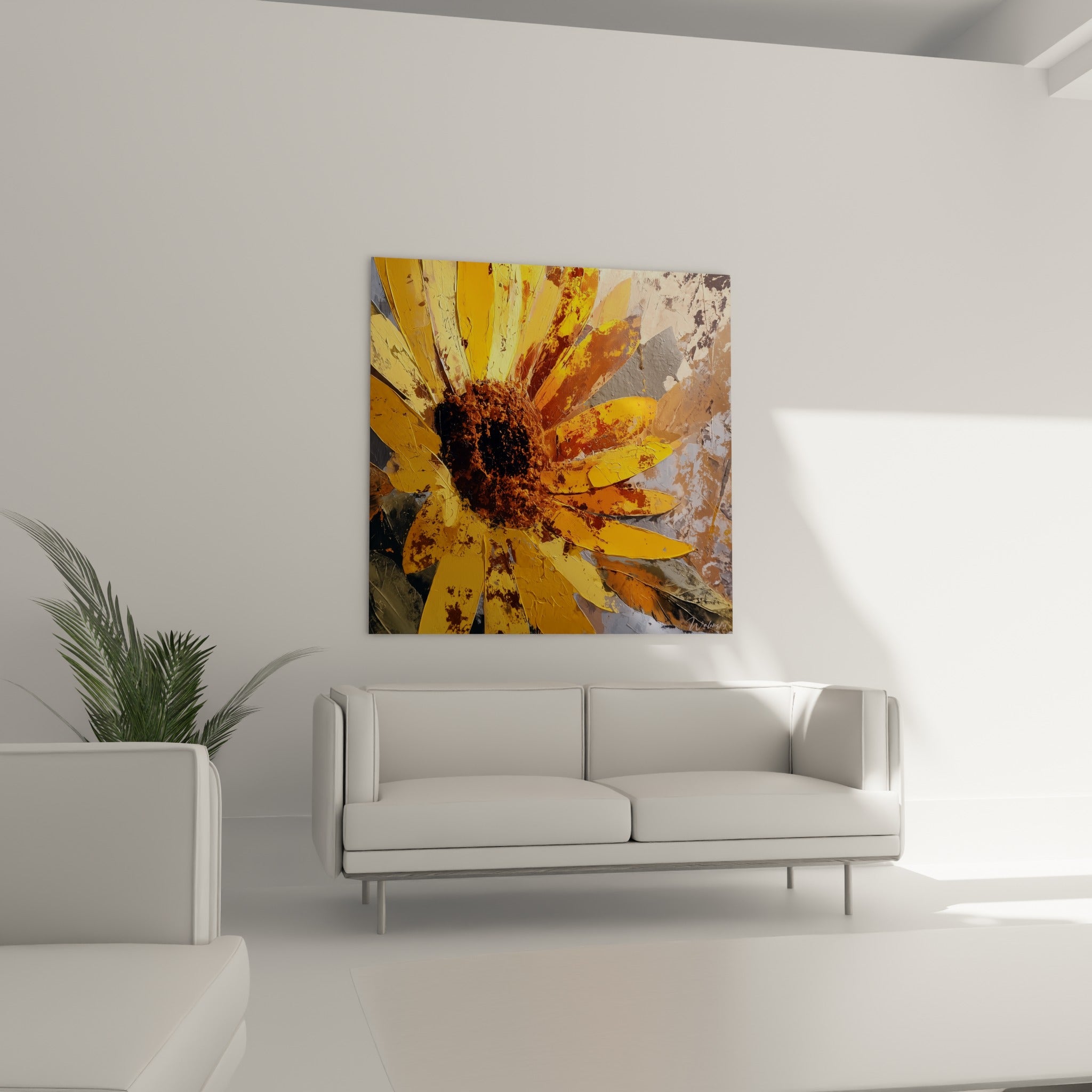 Pétales jaunes et rouille du tournesol suspendus au-dessus d'un canapé dans un salon lumineux