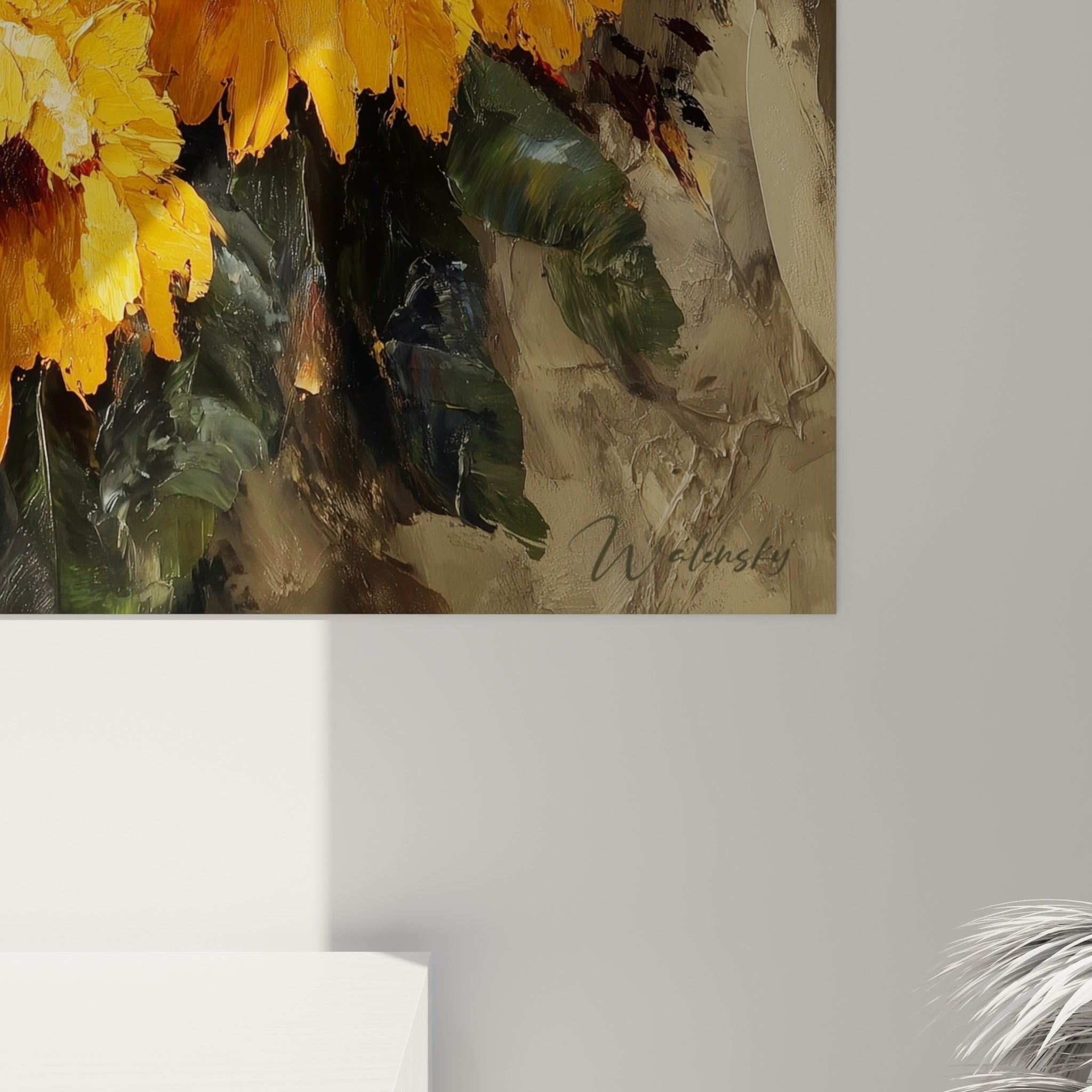Empâtements épais de peinture jaune et brune formant les pétales et cœurs des tournesols en relief