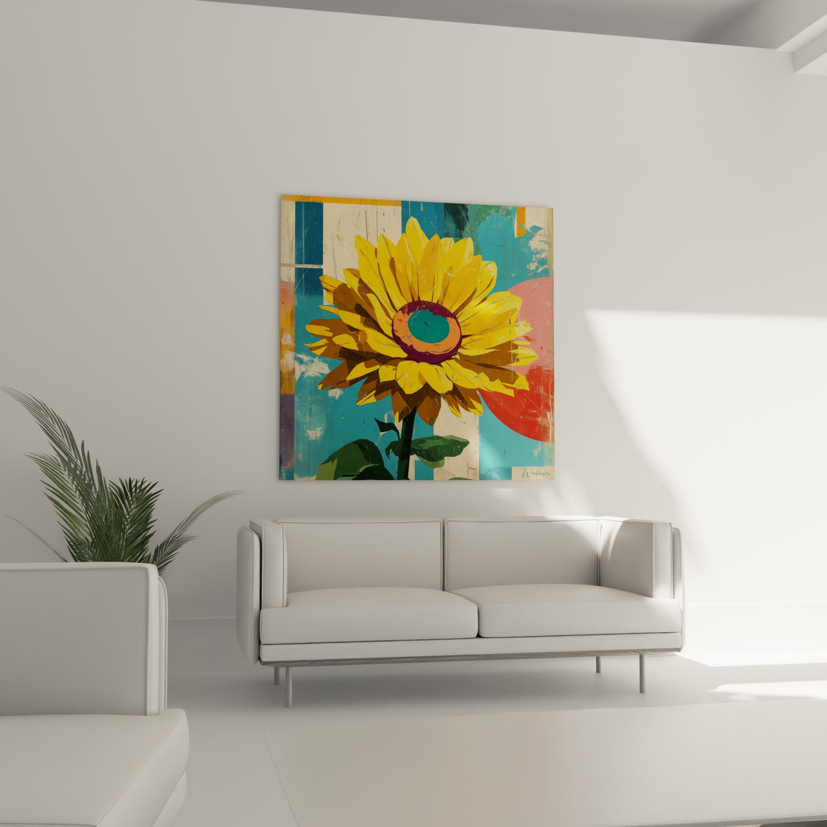 Fleur de tournesol jaune et bleu pétrole disposée au-dessus d'un canapé dans un salon lumineux
