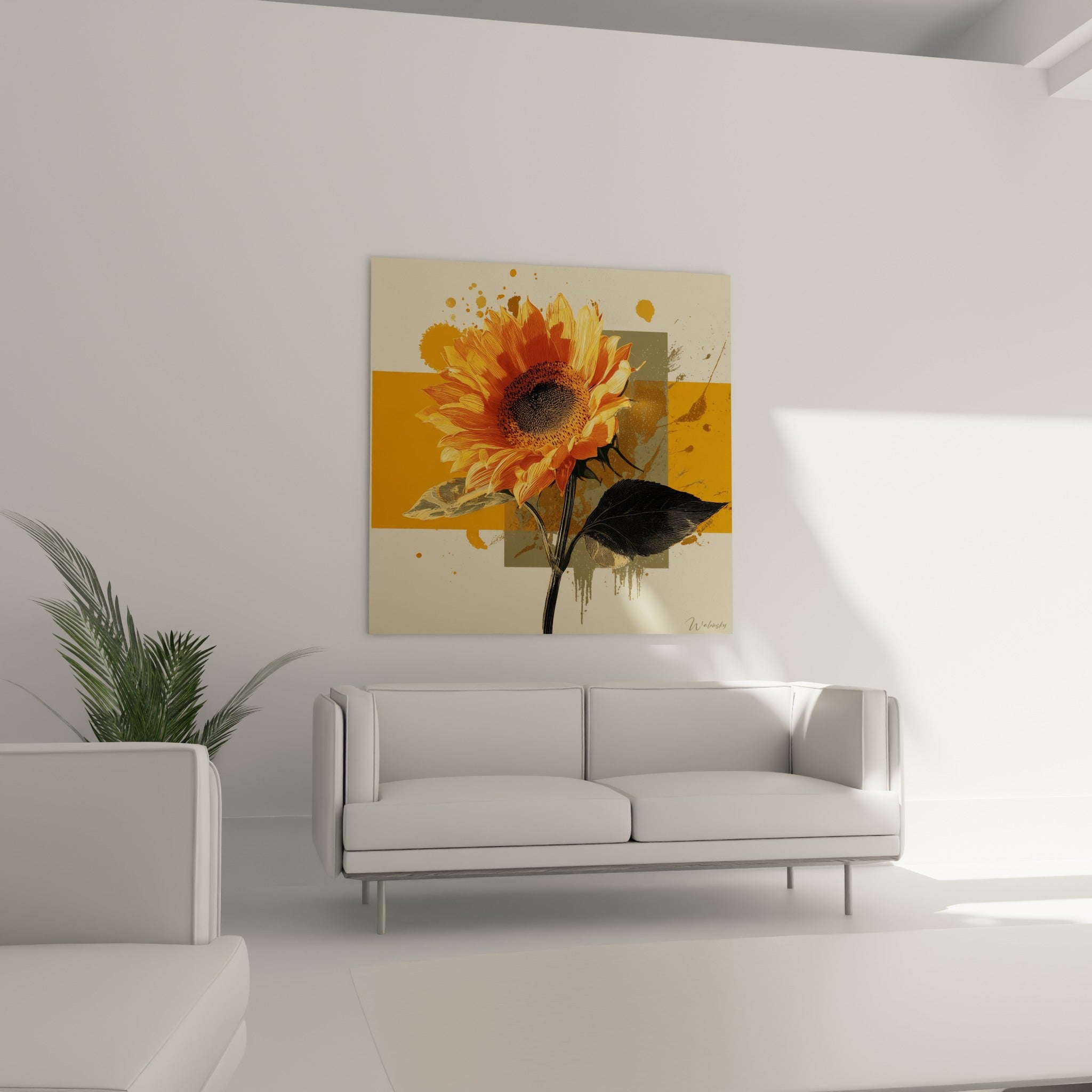 Pétales orangé et jaune du tournesol accrochés au-dessus d'un canapé dans un salon lumineux