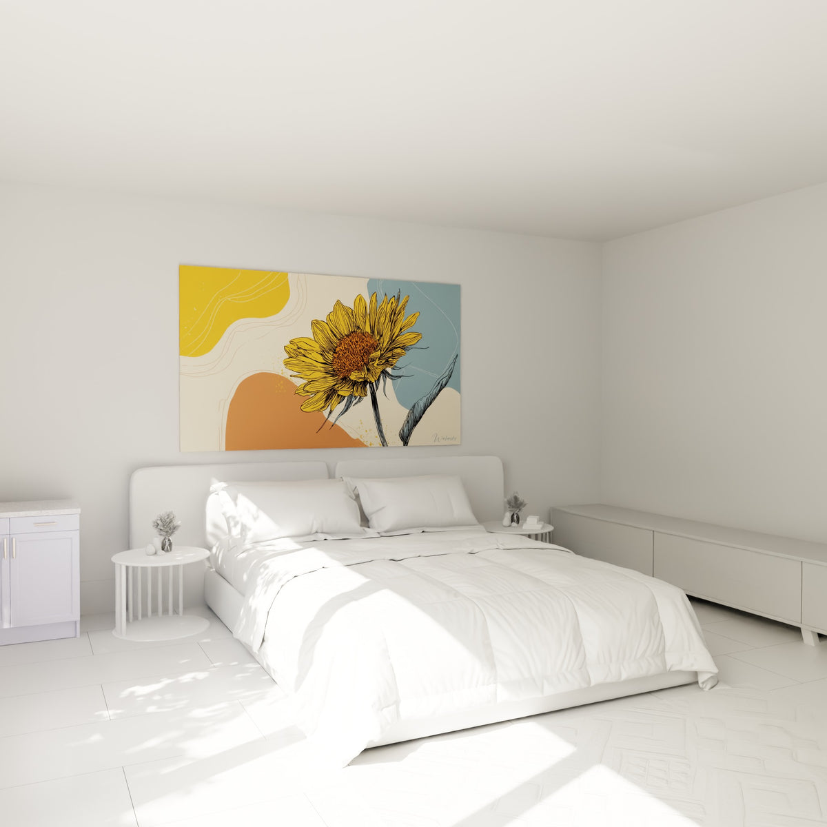 Fleur solaire ocre et terracotta accrochée au-dessus d'un lit dans une chambre claire