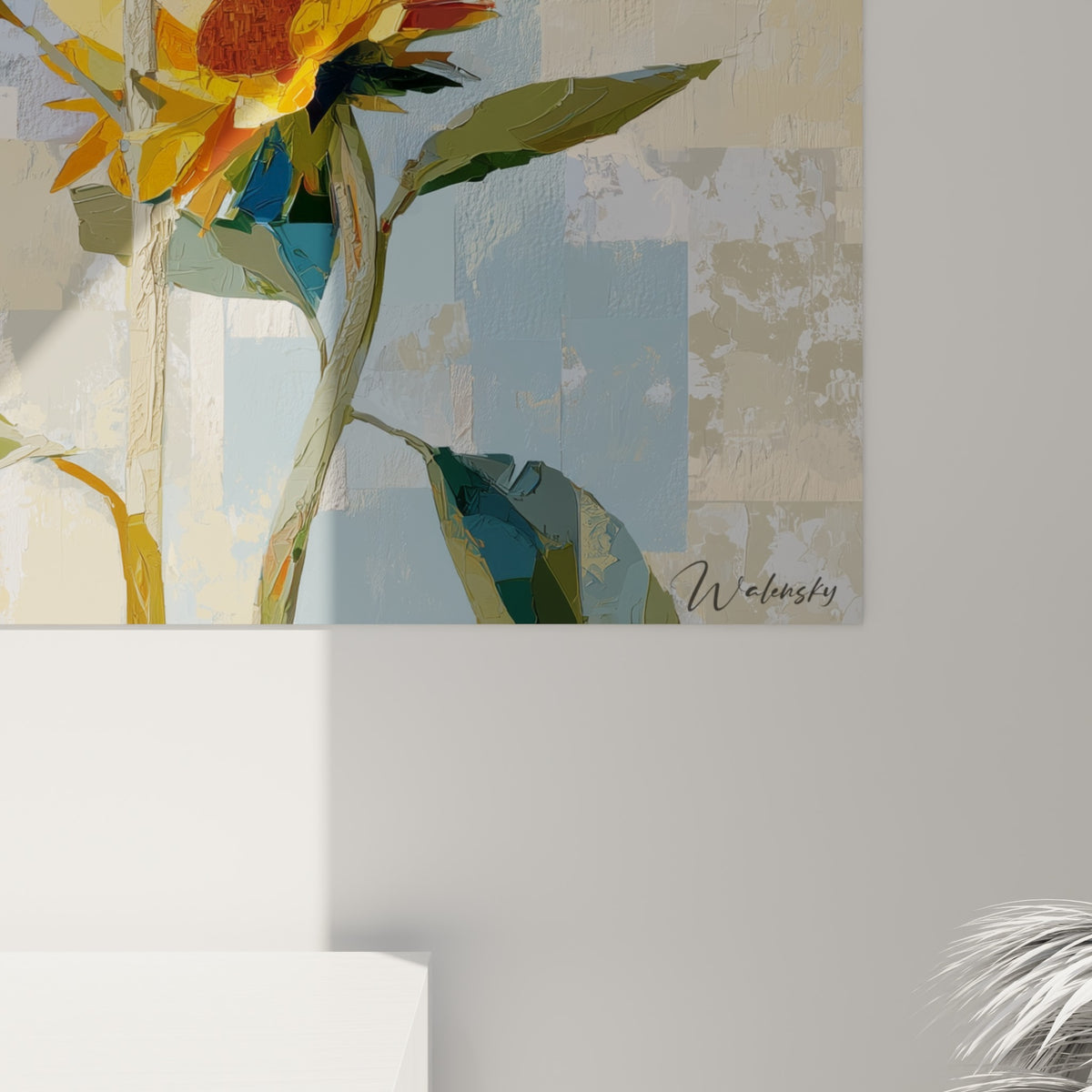 Empâtements épais de peinture jaune et orangée révélant la matière texturée des pétales de tournesol