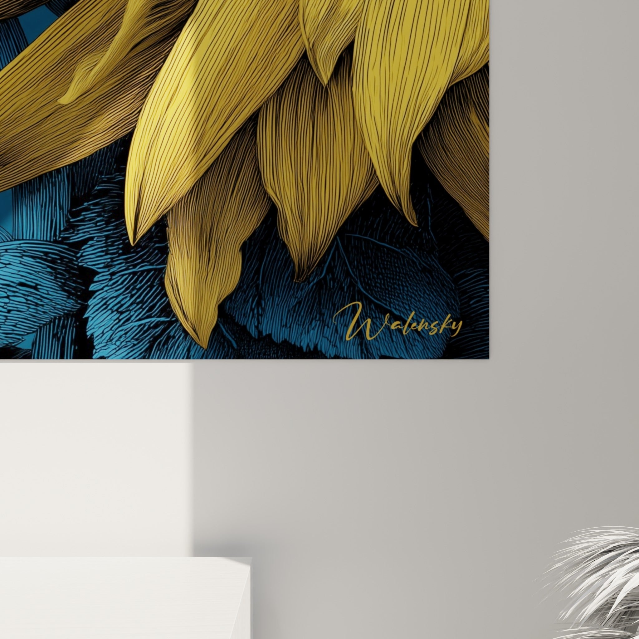 Grain fin des traits dorés et pointillés bleu marine visibles sur la matière de cette œuvre accrochée