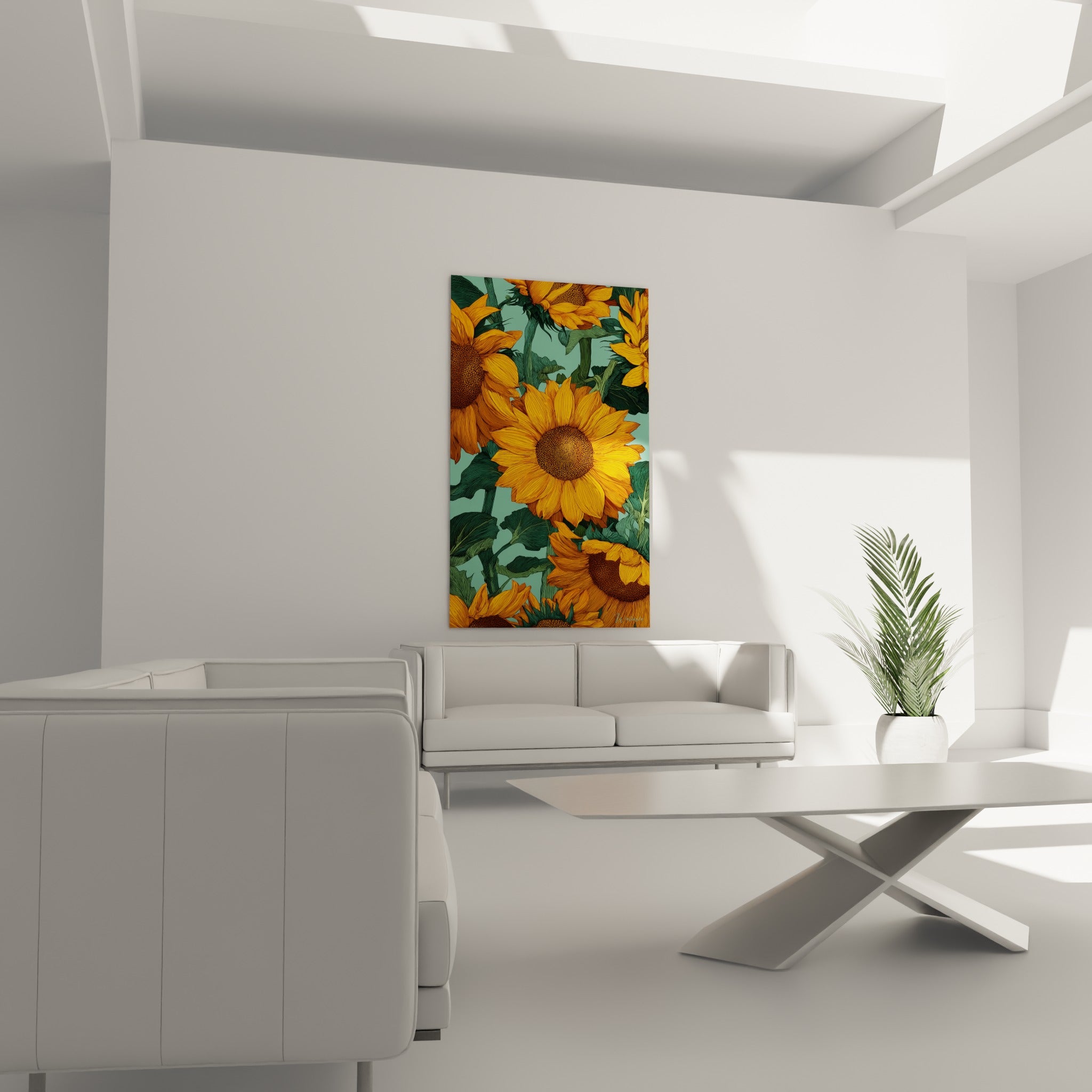 Fleurs de tournesol dorées sur fond turquoise, disposées au-dessus d'un canapé dans un salon lumineux
