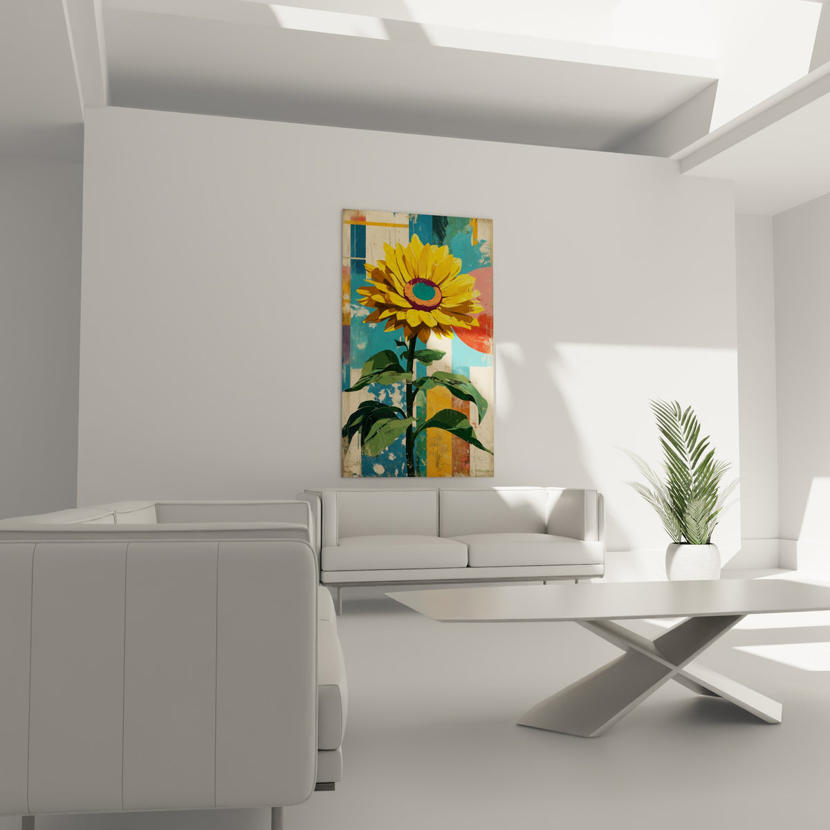 Pétales dorés et feuillage vert du tournesol placés au-dessus d'un canapé dans un salon lumineux