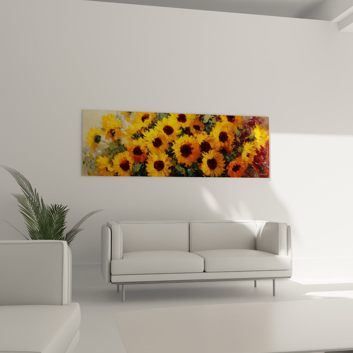 Fleurs jaunes et vertes au style empâté suspendues au-dessus d'un canapé dans un salon lumineux