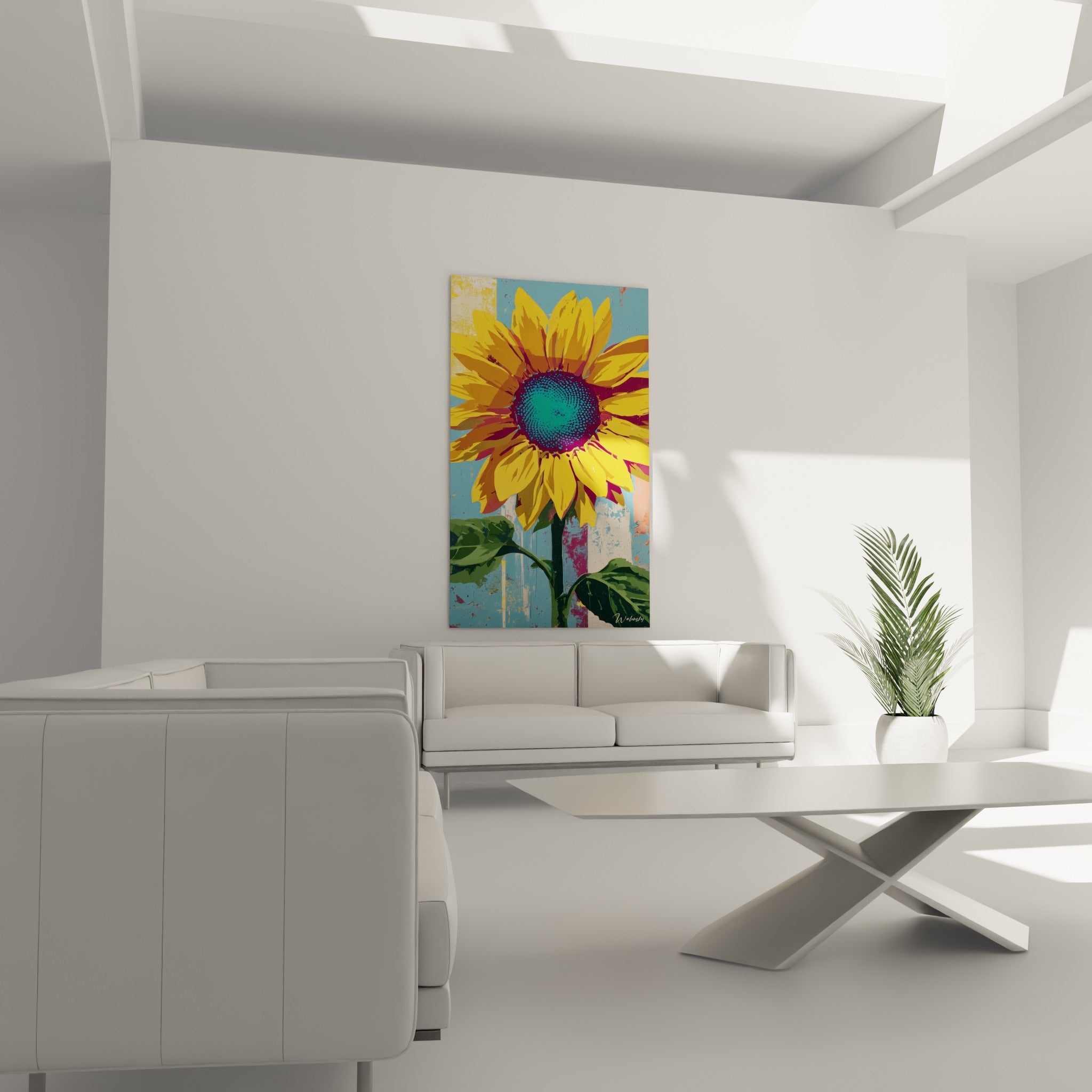 Tournesol éclatant jaune et vert olive suspendu au-dessus d'un canapé dans un salon lumineux