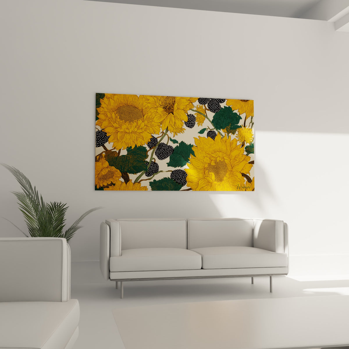 Pétales dorés et feuillages vert sapin d'un tableau tournesol au-dessus d'un canapé dans un salon lumineux