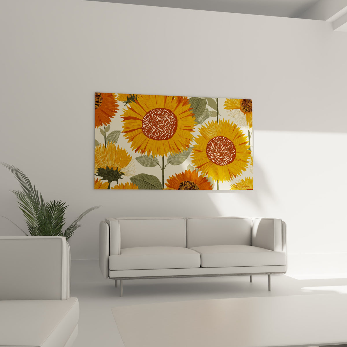Pétales orangés et feuillage vert sauge du tableau Tournesol au-dessus d'un canapé dans un salon lumineux