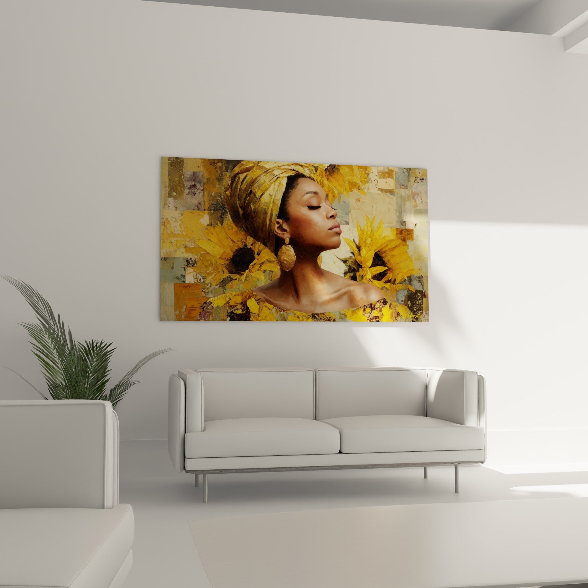 Visage serein entouré de tournesols jaunes et bruns, suspendu au-dessus d'un canapé dans un salon lumineux