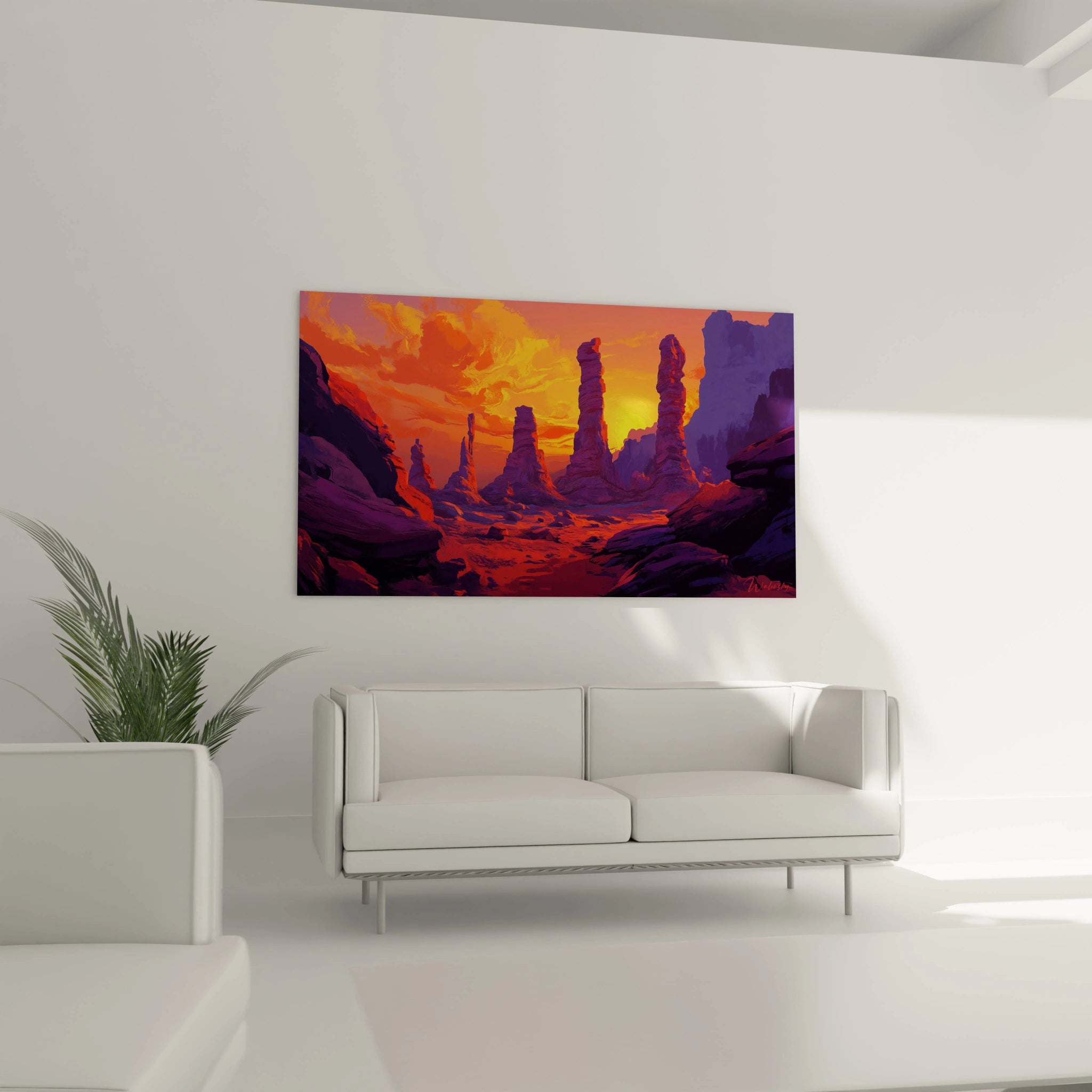 Œuvre murale présentant des piliers rocheux violets dressés dans un désert illuminé par un coucher de soleil orange vif créant des contrastes saisissants entre zones chaudes et froides
