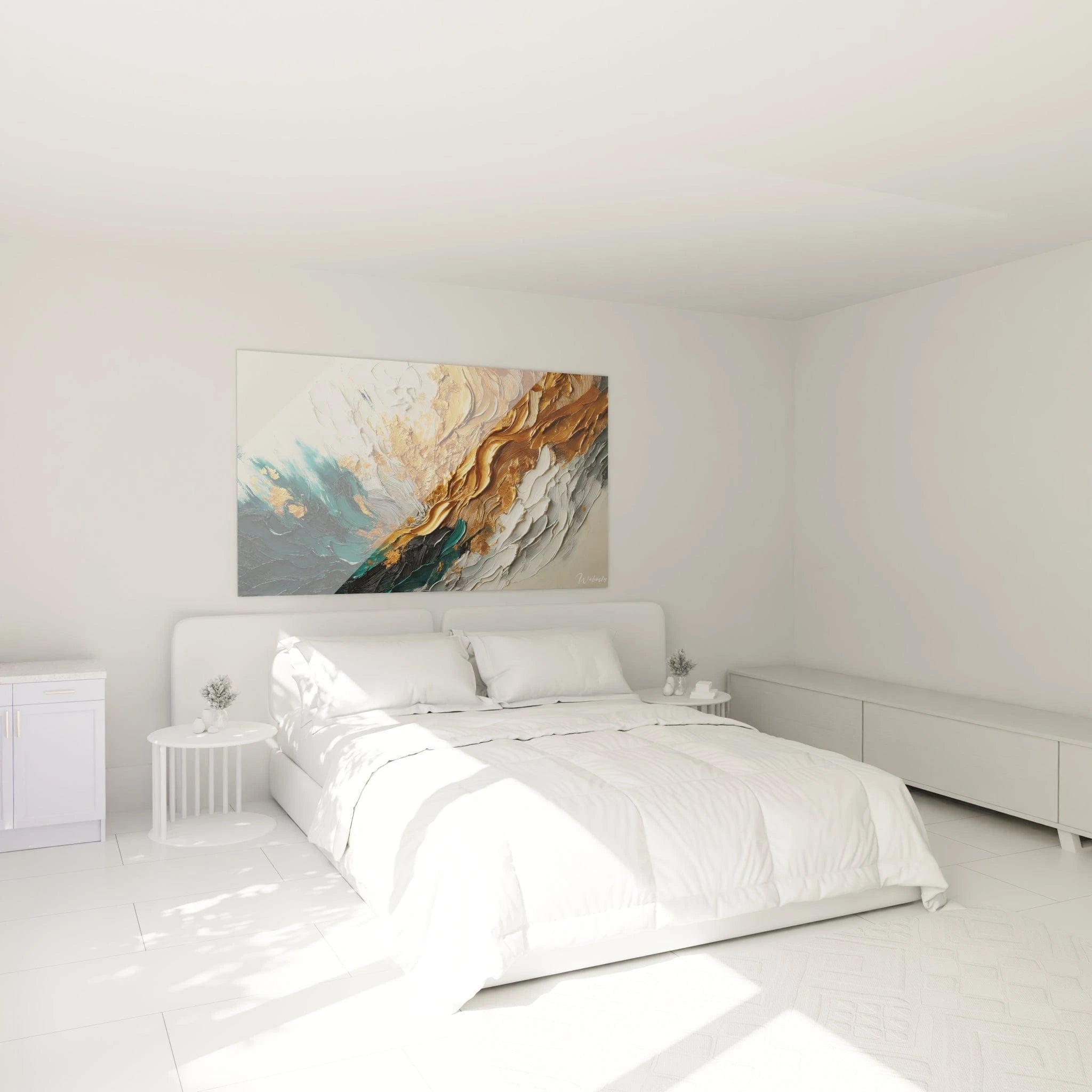 Un tableau abstrait montrant des coups de pinceau en pâte épaisse, mêlant doré métallisé, vert foncé, blanc et nuances grisées, avec des textures en vagues superposées.