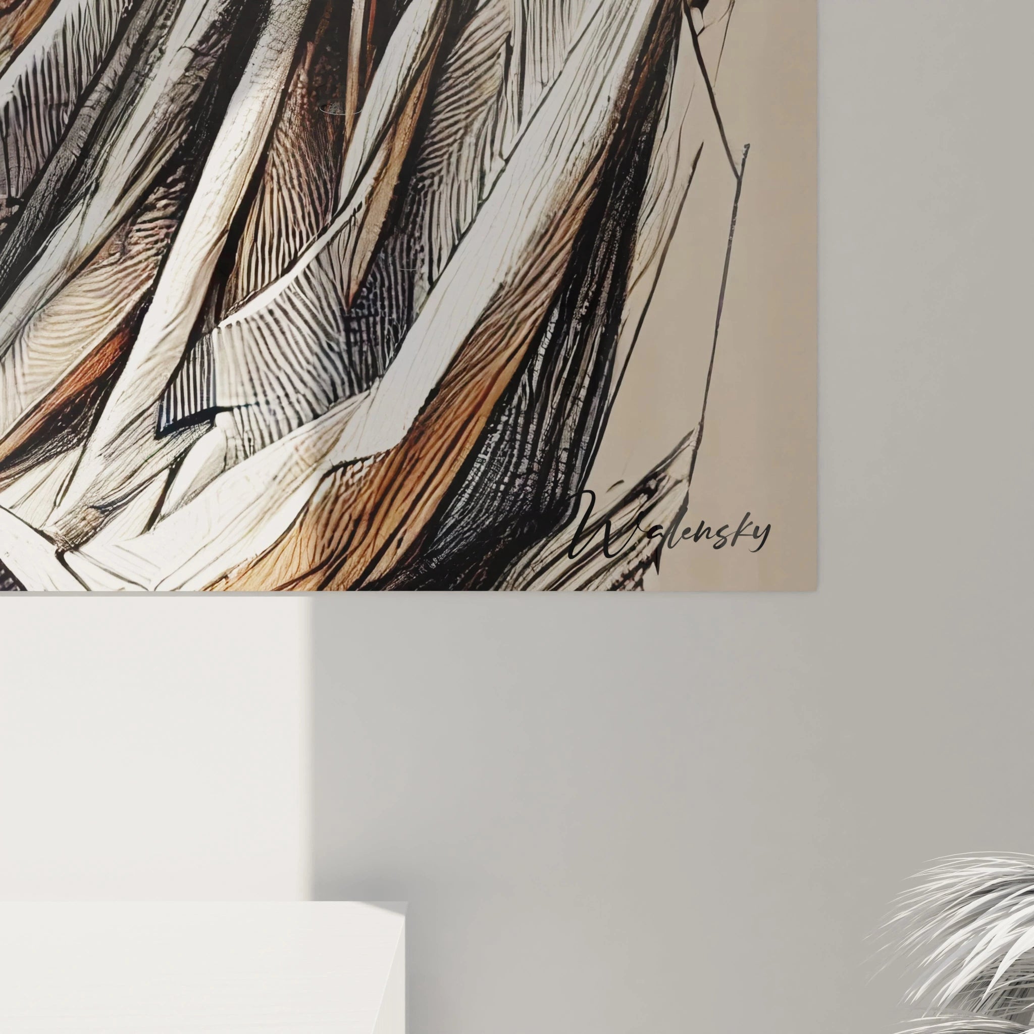 Gros plan sur le tableau drapé, révélant les détails graphiques et les ombres réalistes. L'abstraction évoque mystère et introspection à travers une texture unique.