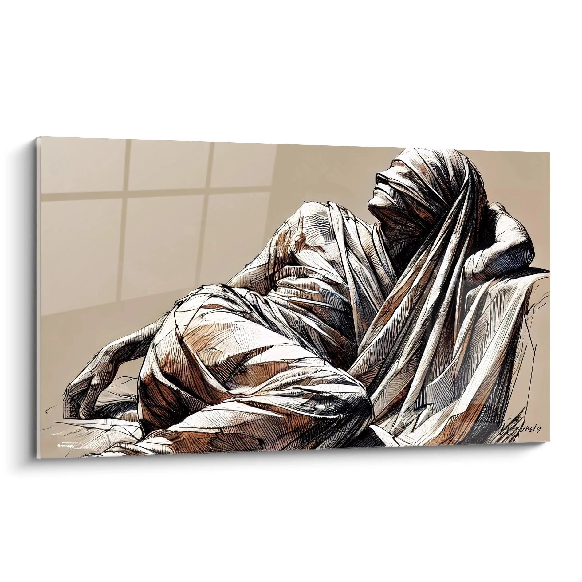 Tableau représentant un corps drapé, allongé et énigmatique, vu de biais. Les plis du tissu créent une texture saisissante. Un chef-d'œuvre conceptuel et abstrait.