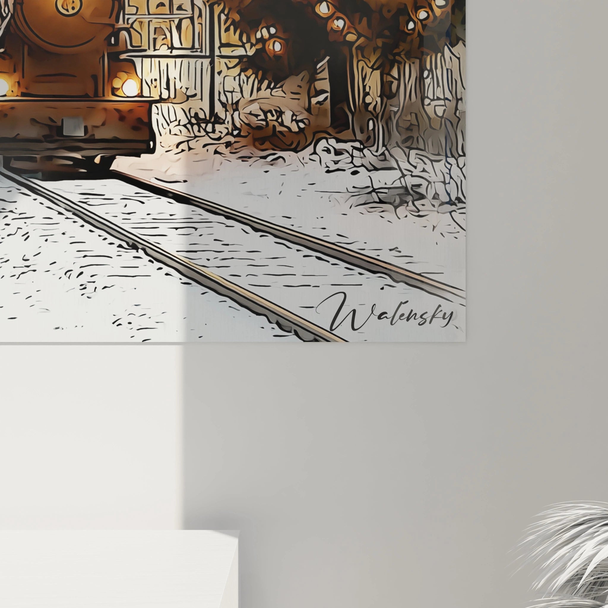 Tableau mural train hiver de Walensky avec un train sur des rails dans un paysage enneigé