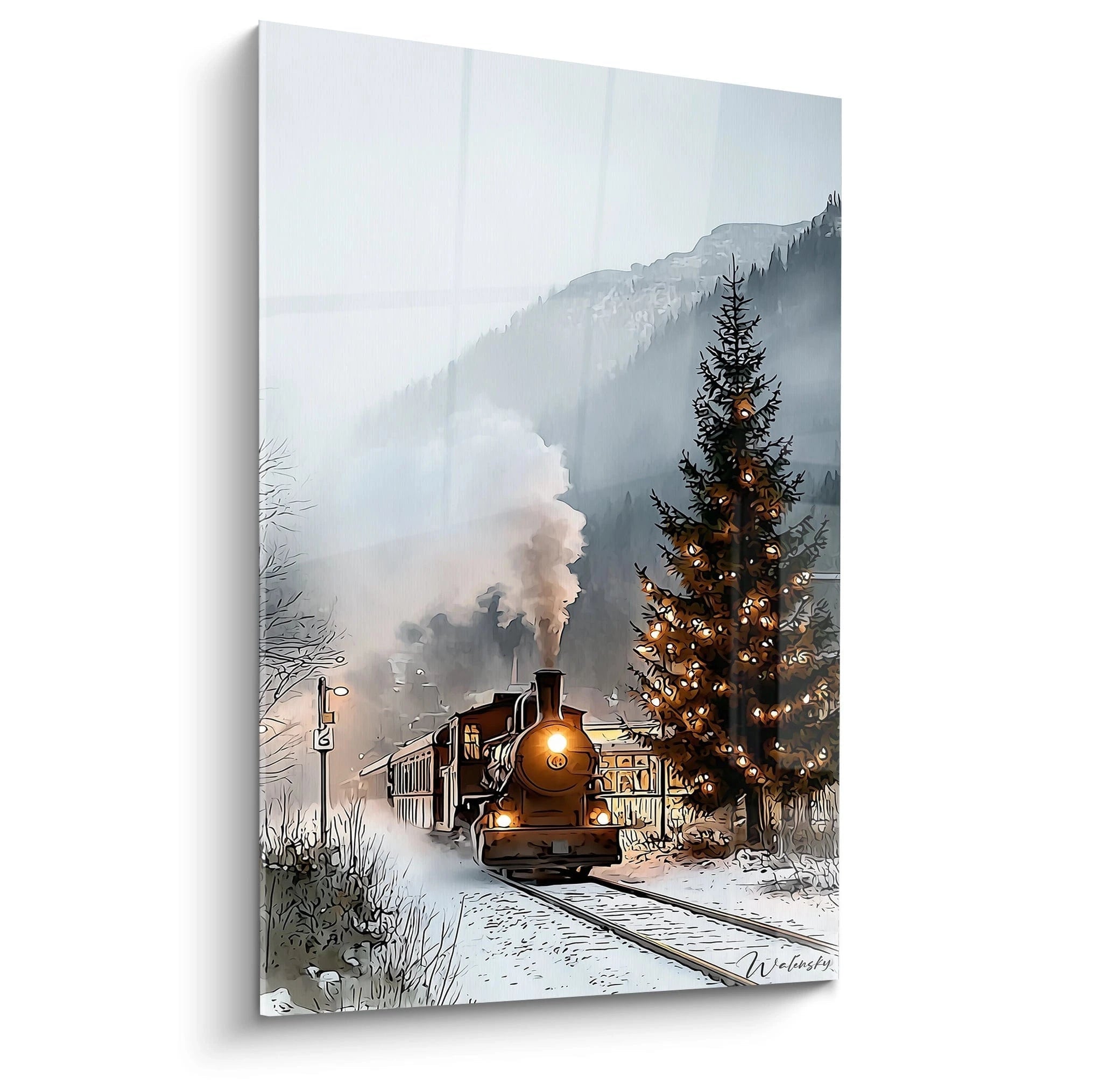 Tableau mural train hiver avec locomotive et sapin décoré dans un paysage enneigé
