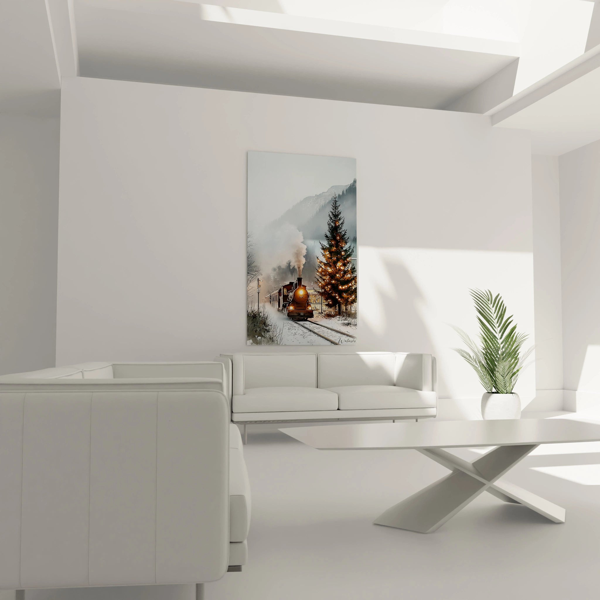 Tableau mural train hiver avec un train à vapeur traversant un paysage enneigé de montagne