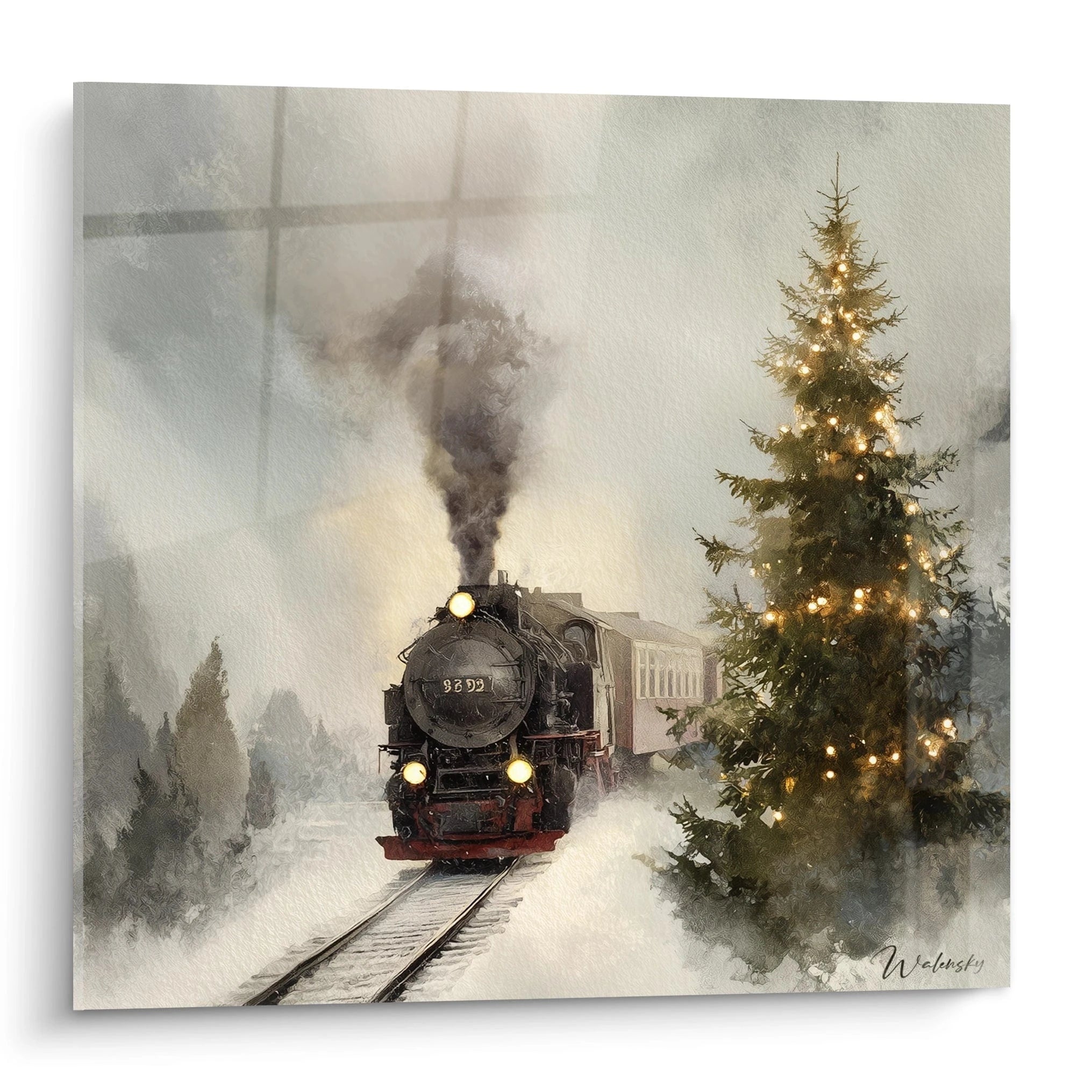 Tableau train express Noël avec locomotive à vapeur et sapin illuminé dans un paysage enneigé